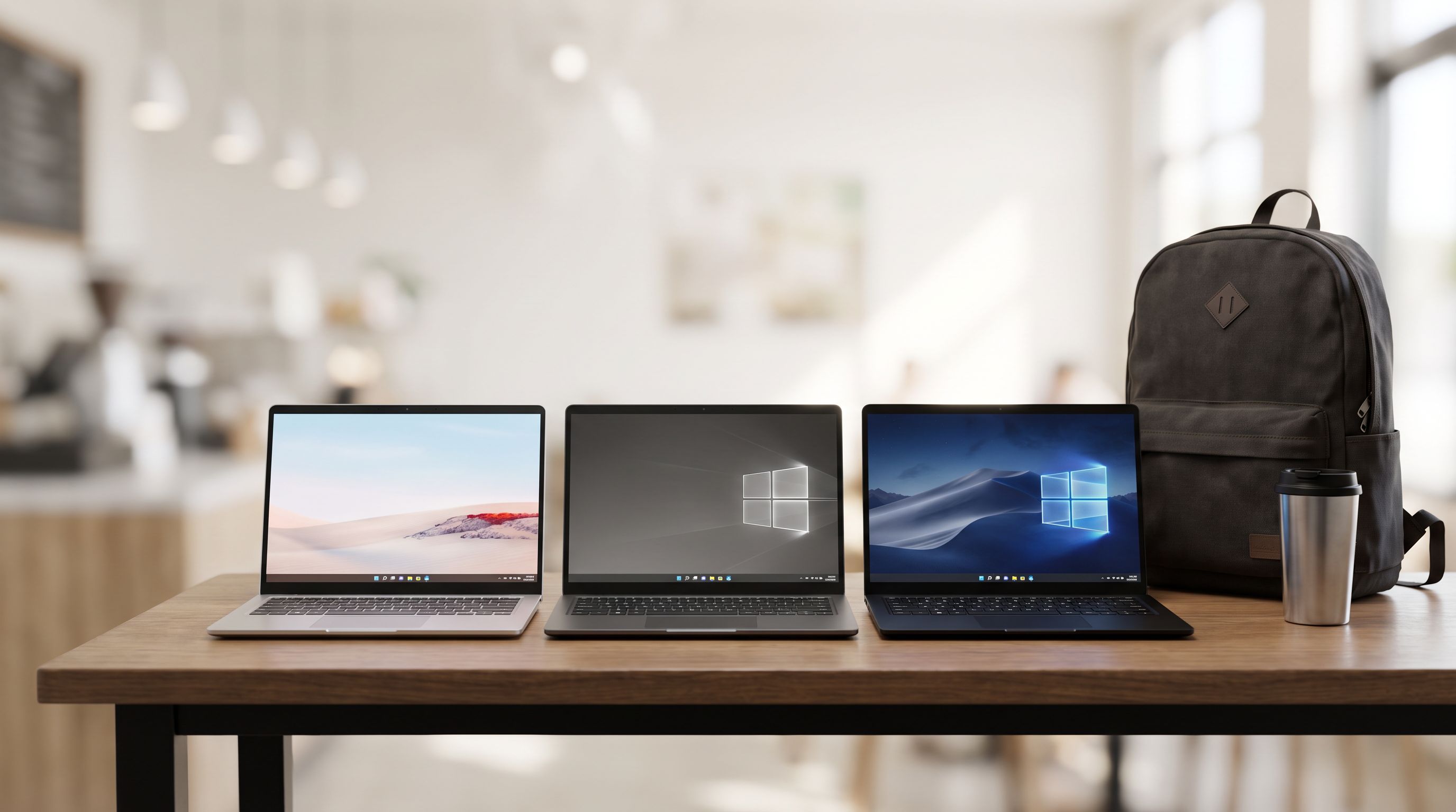 Three 14-inch ultraportable laptops open side by side on a café table next to a backpack and commuter coffee cup