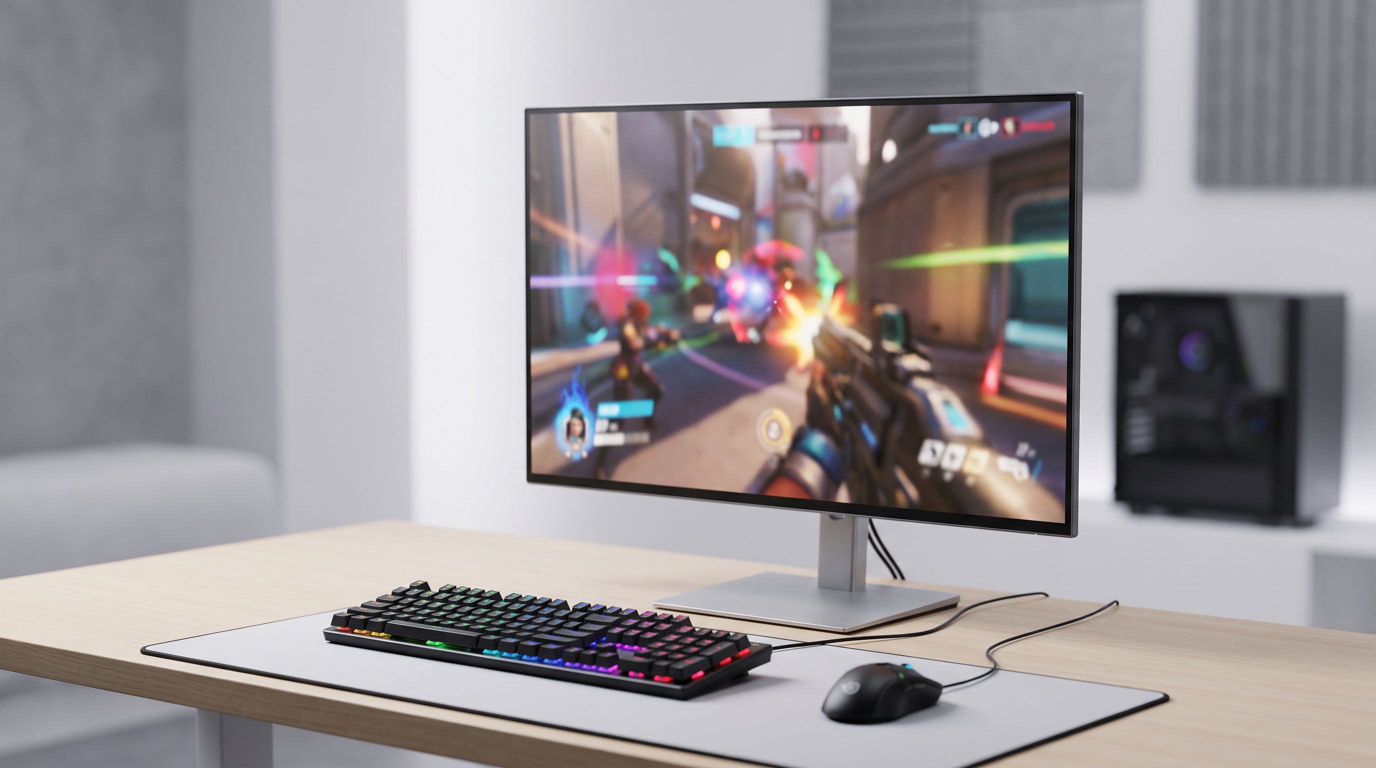 A 27-inch 1440p IPS gaming monitor on a desk displaying a fast-paced shooter, with a keyboard and mouse in front