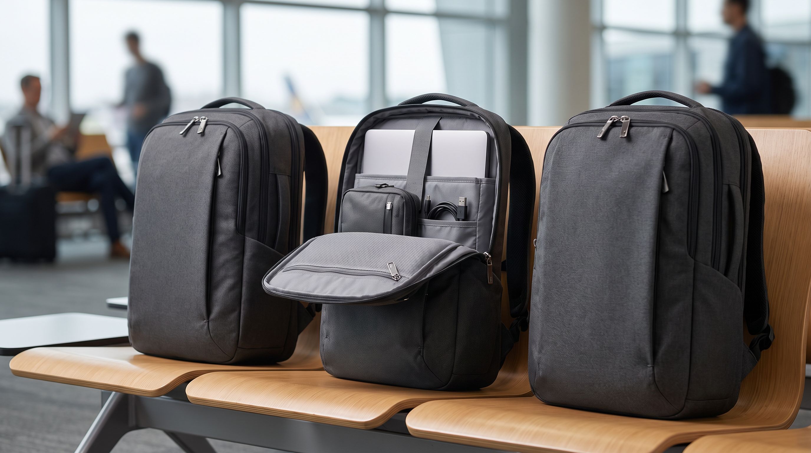 Three travel laptop backpacks standing upright on an airport bench, one open to show a padded 16-inch laptop compartment