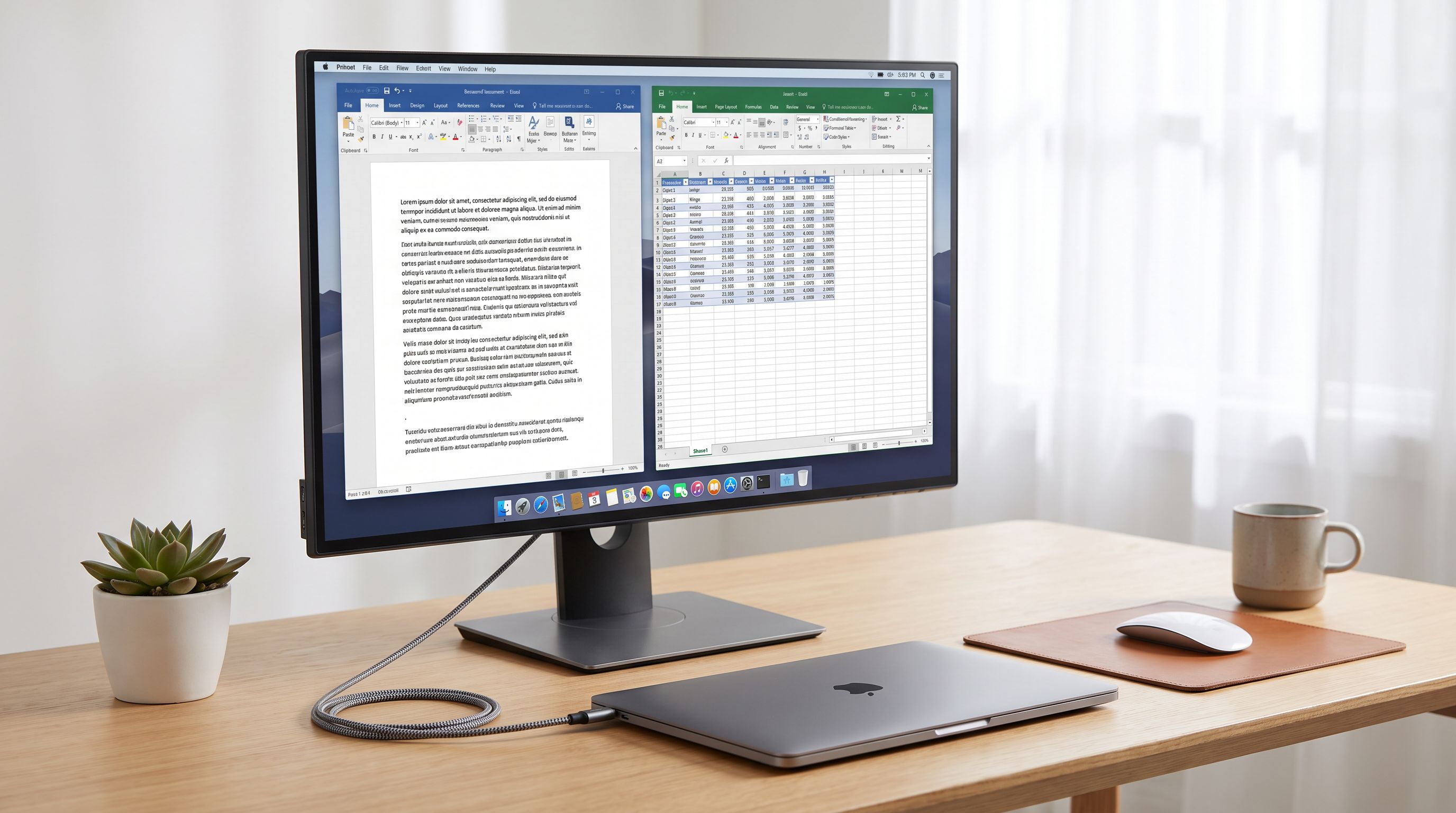 A 27-inch 4K monitor on a hybrid home-office desk connected to a laptop with a single USB-C cable, showing crisp text in a document and spreadsheet side by side