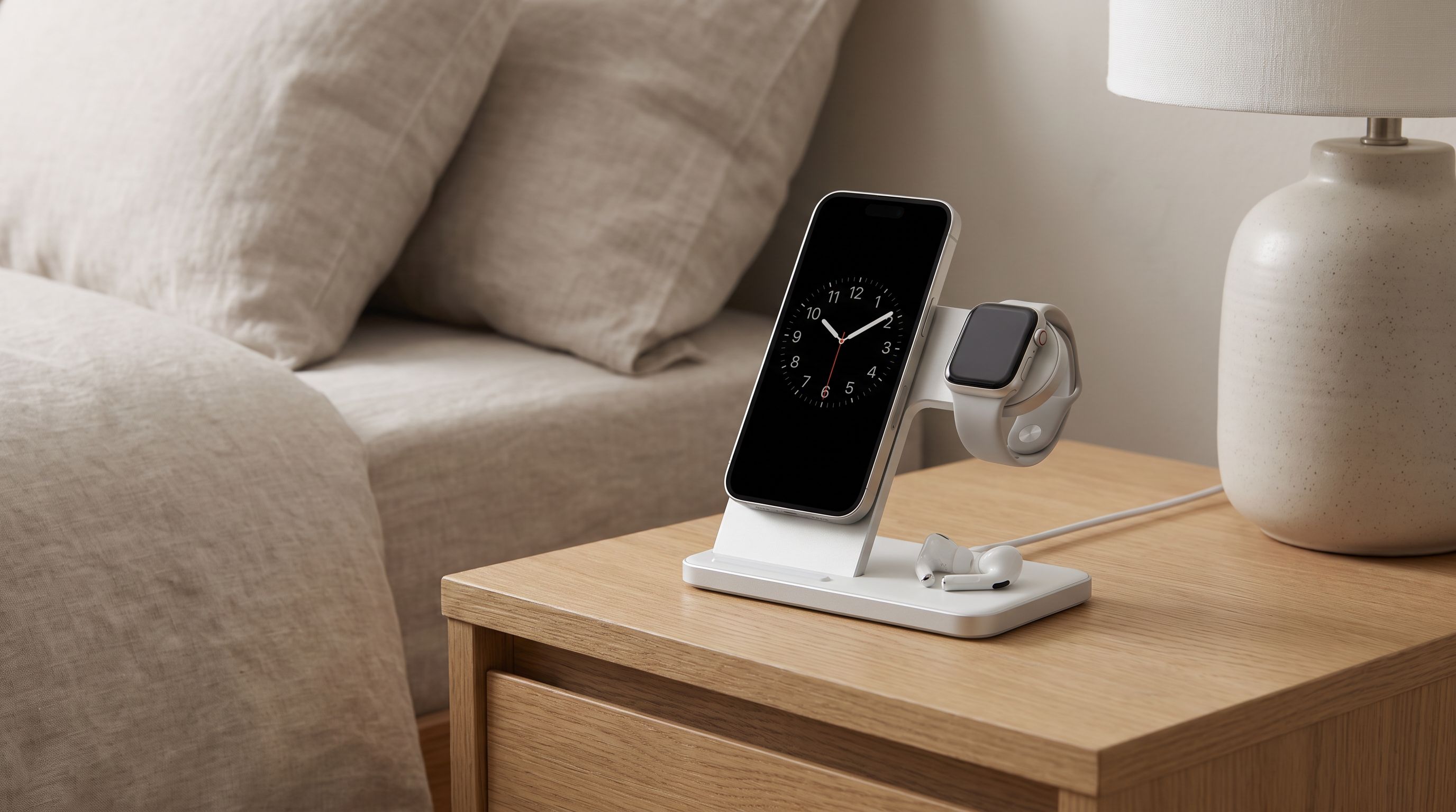 A 3-in-1 Qi2 wireless charging stand on a nightstand holding a smartphone upright, a smartwatch on a side puck and earbuds on the base pad