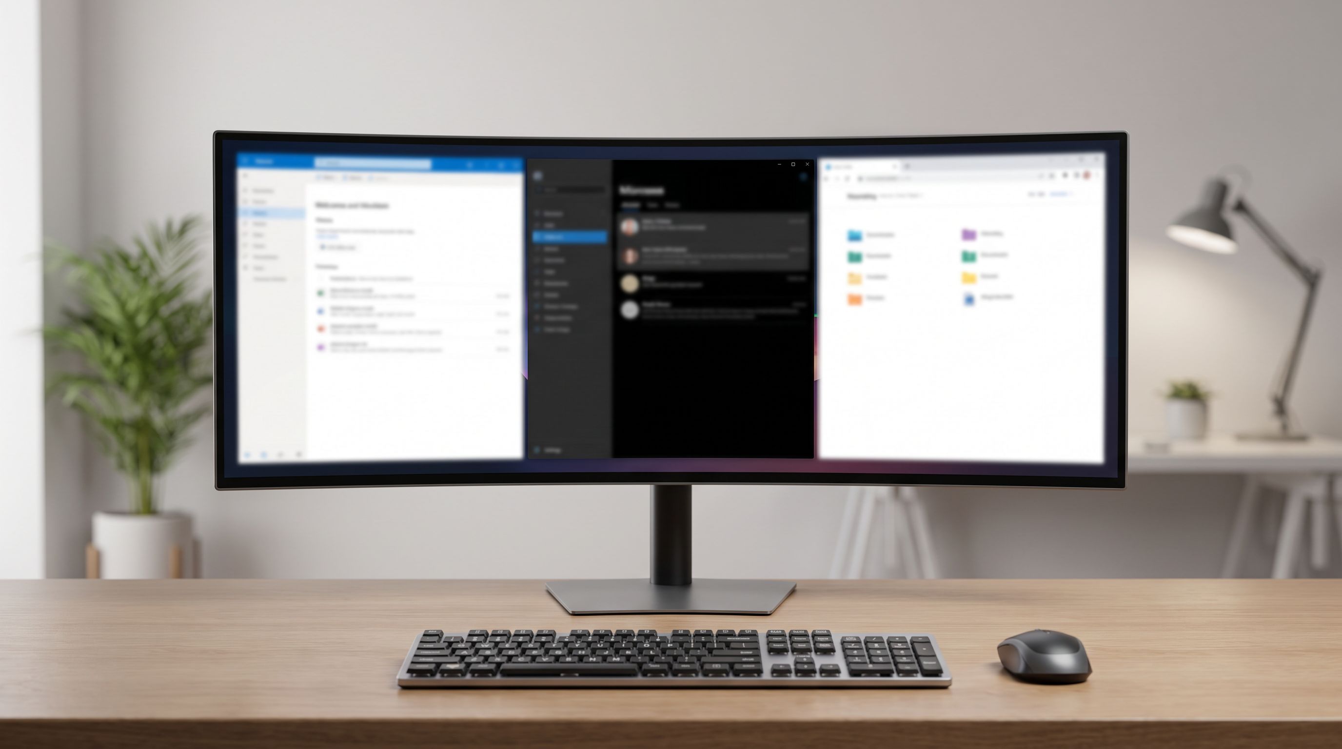 A curved ultrawide monitor on a home office desk showing three side-by-side application windows, with a keyboard and mouse in front