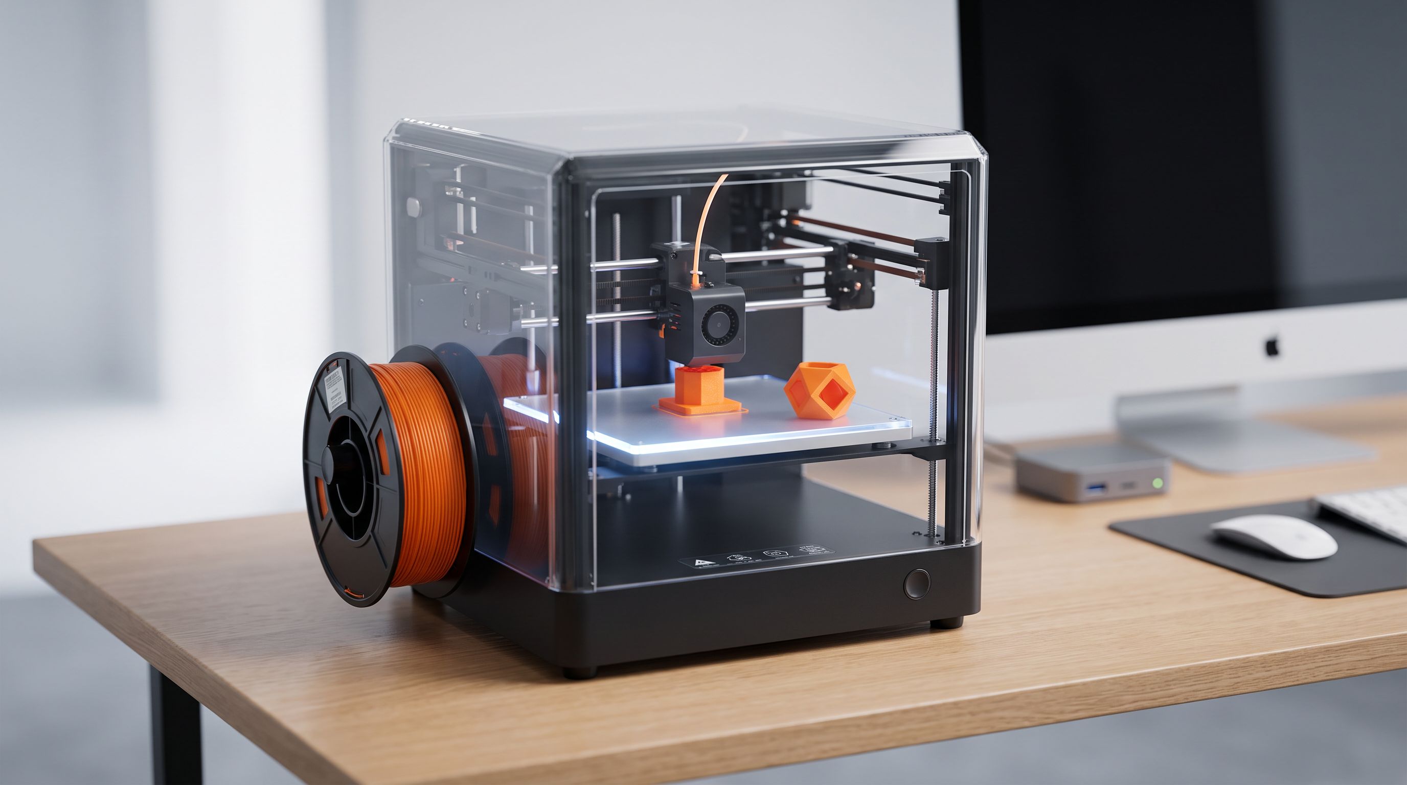 An enclosed budget CoreXY 3D printer mid-print on a desk, with a spool of orange filament and a finished part on the build plate