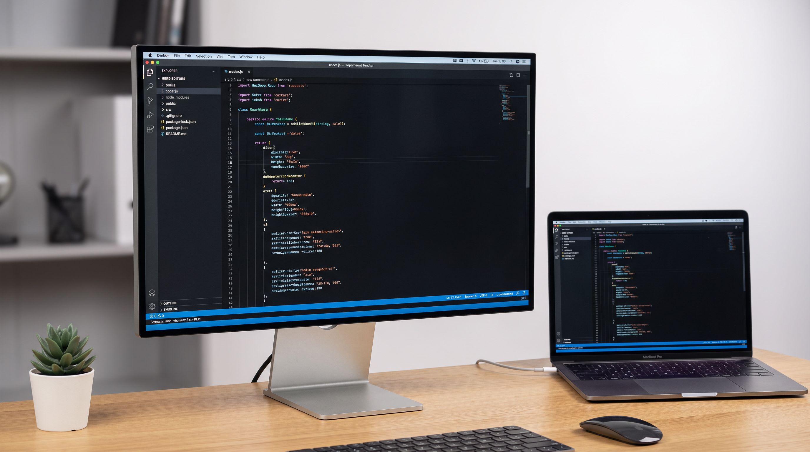 A 27-inch 5K desktop monitor on a wooden desk beside a MacBook Pro, showing crisp text in a code editor