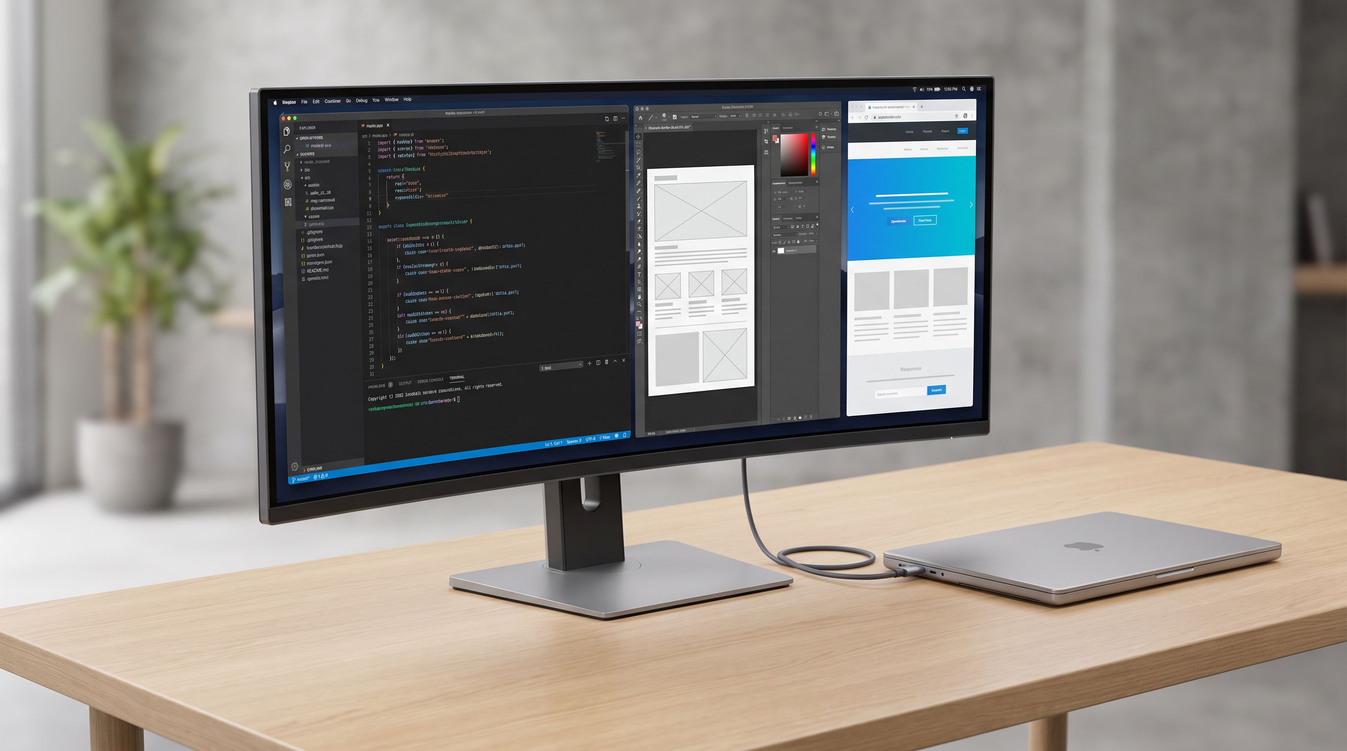 A 40-inch 5K2K ultrawide monitor on a desk connected to a closed laptop by a single Thunderbolt cable, showing multiple code and design windows side by side