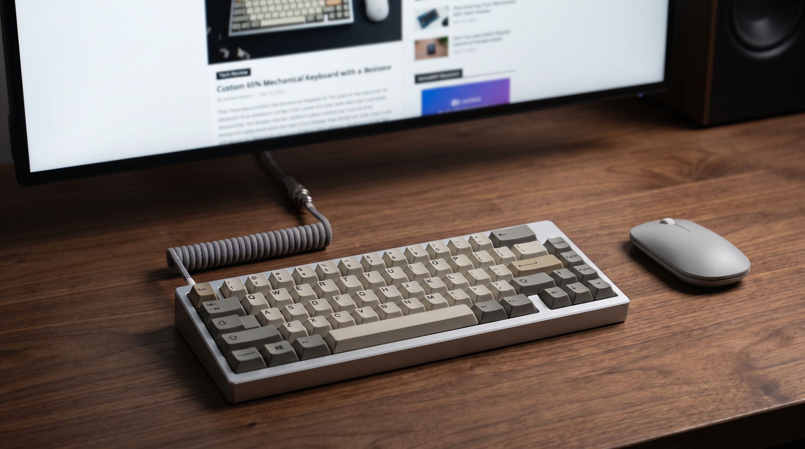A compact 65% mechanical keyboard with a dedicated arrow cluster sitting on a wooden desk beside a mouse, with a monitor in the background