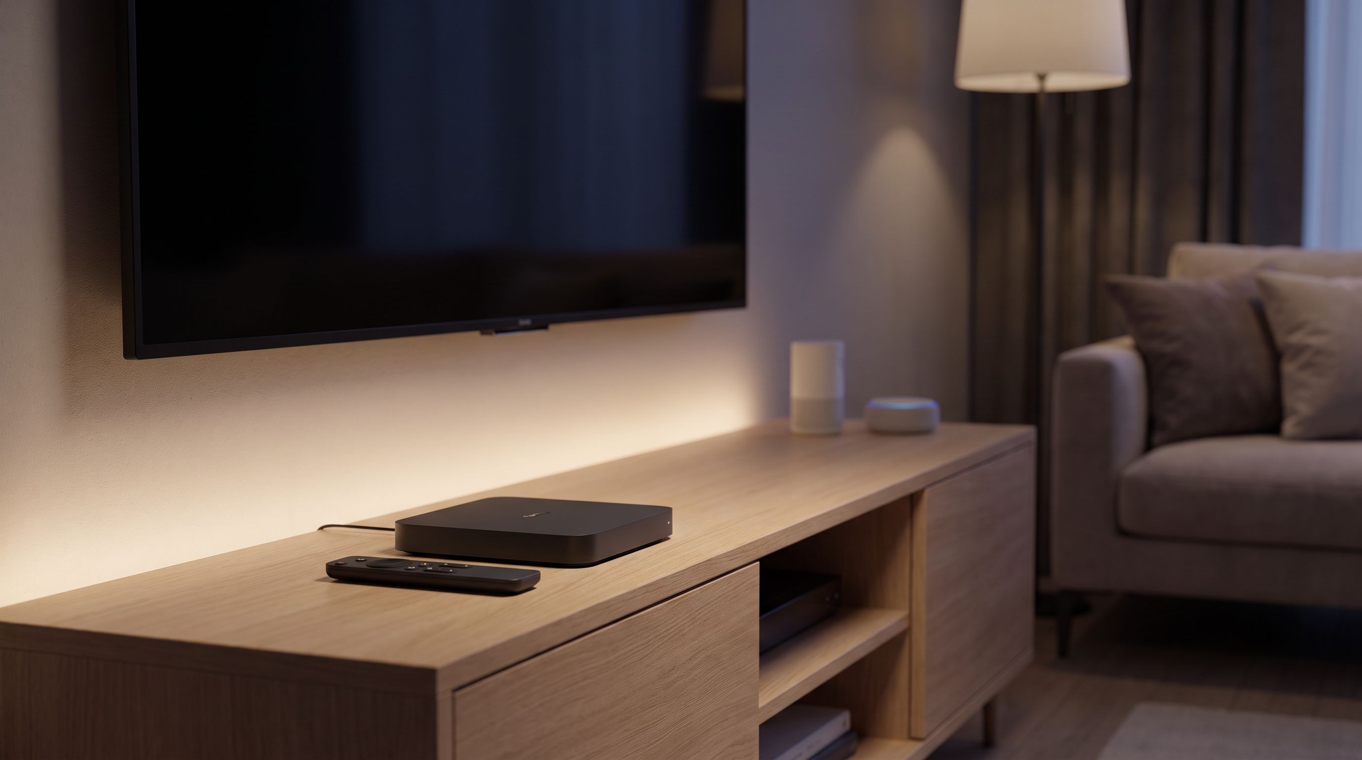 A streaming media player and remote sitting on a media console below a large wall-mounted TV in a dim living room