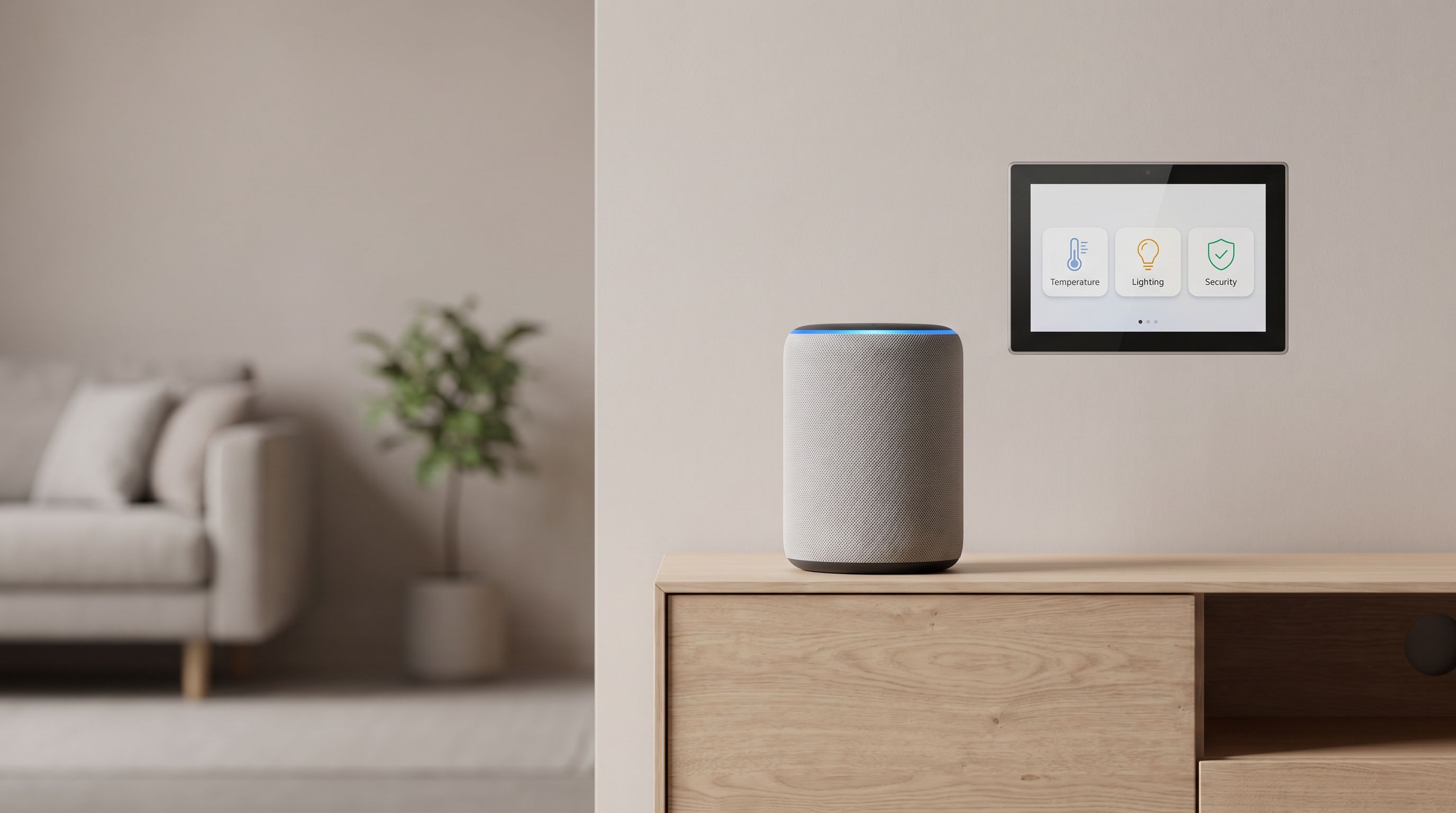 A living room smart speaker with a glowing light ring beside a wall-mounted touchscreen dashboard showing home automation controls