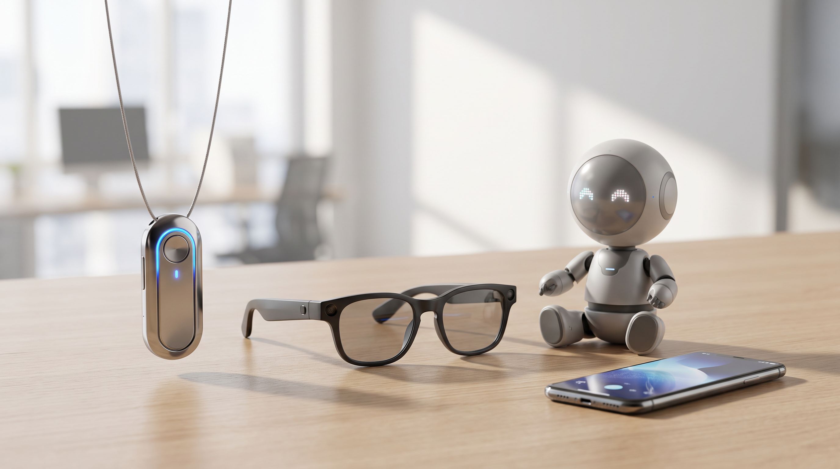 A desk arrangement of AI companion gadgets — a wearable pendant recorder, smart glasses, and a small desktop robot — beside a smartphone