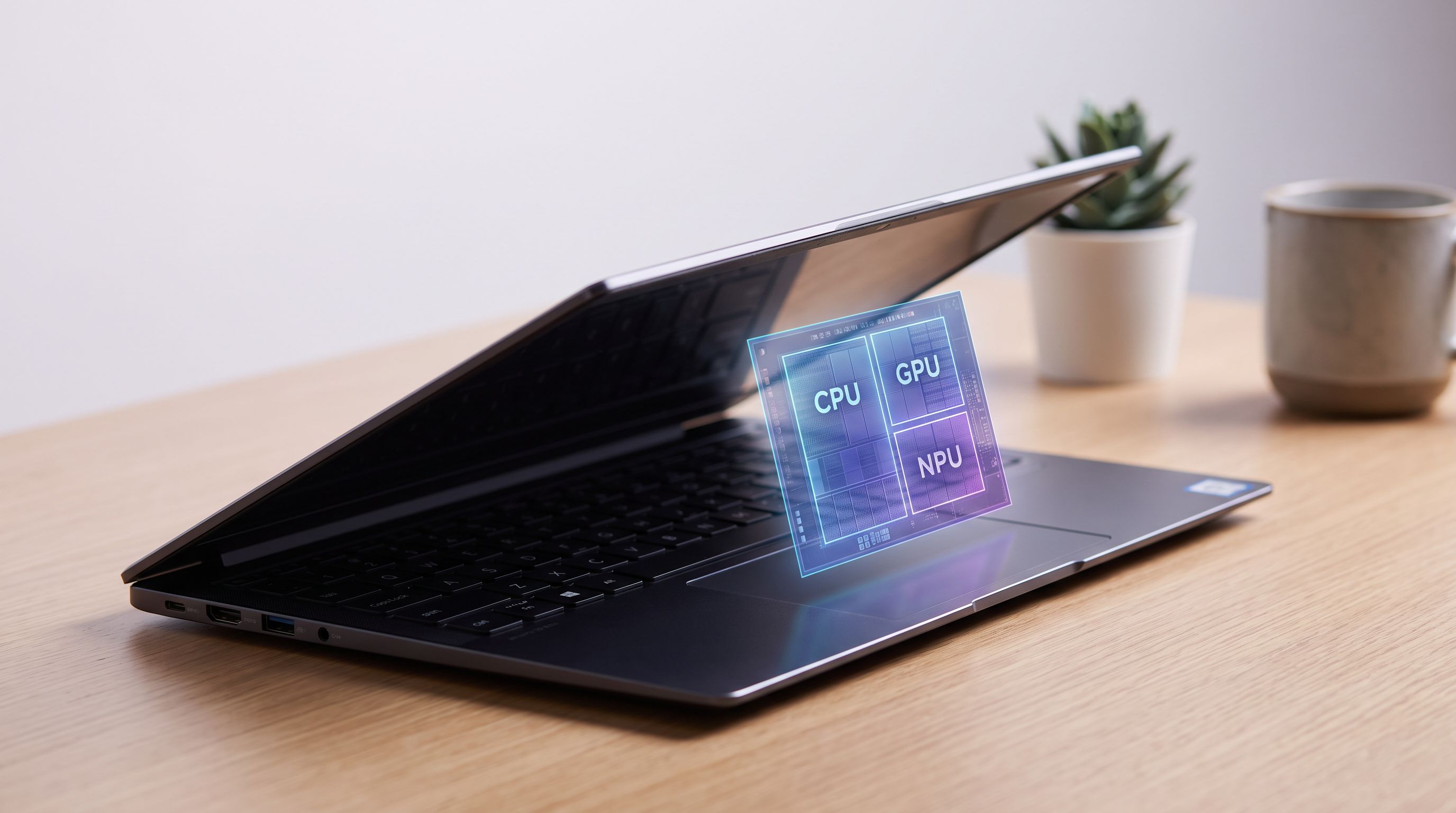Close-up of a modern thin-and-light laptop open on a desk, with a chip die shot graphic overlaid showing CPU, GPU and NPU blocks