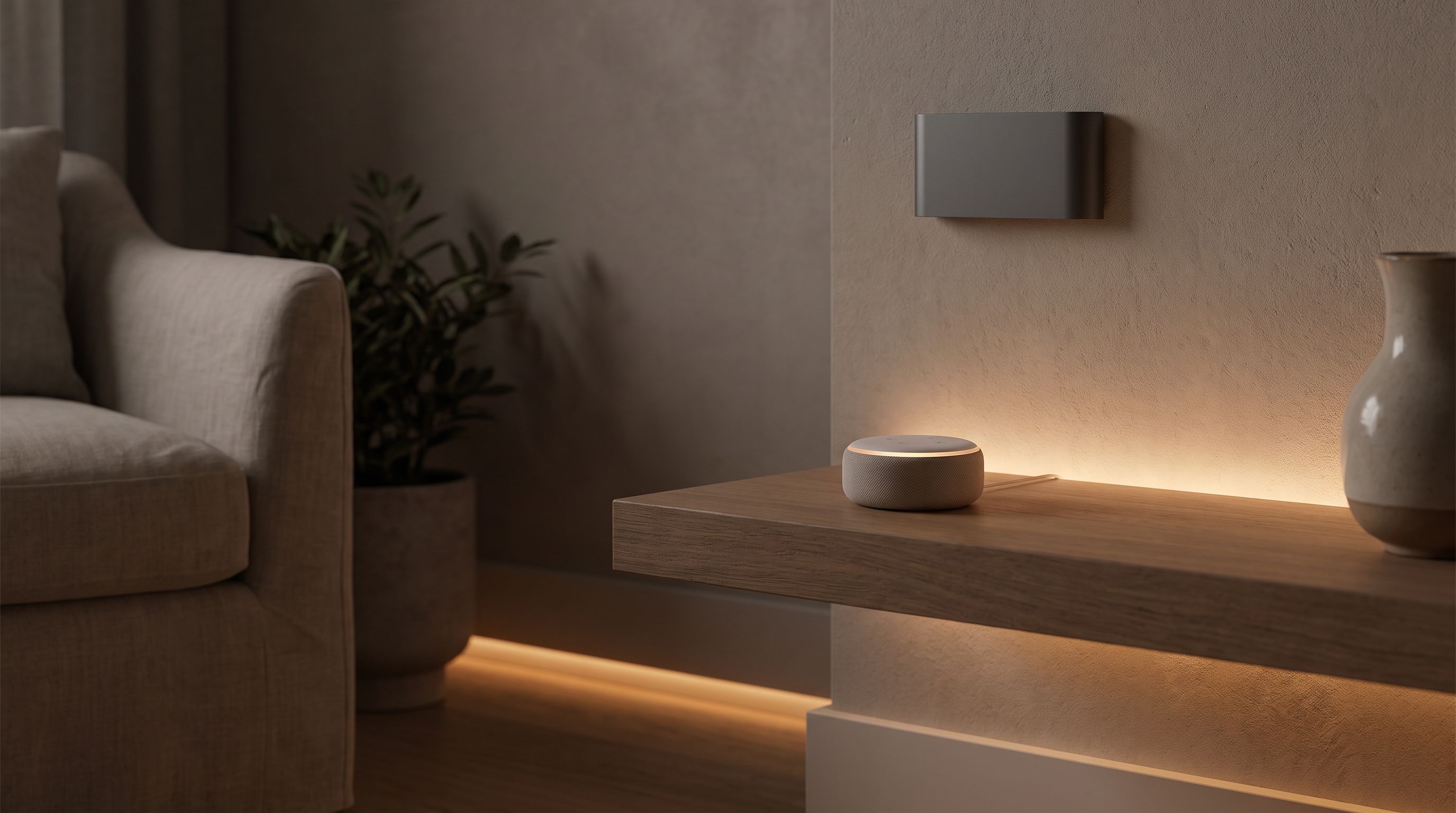 A dimly lit living room corner with a small voice hub, a wall-mounted presence sensor, and smart lighting glowing softly, no screens visible