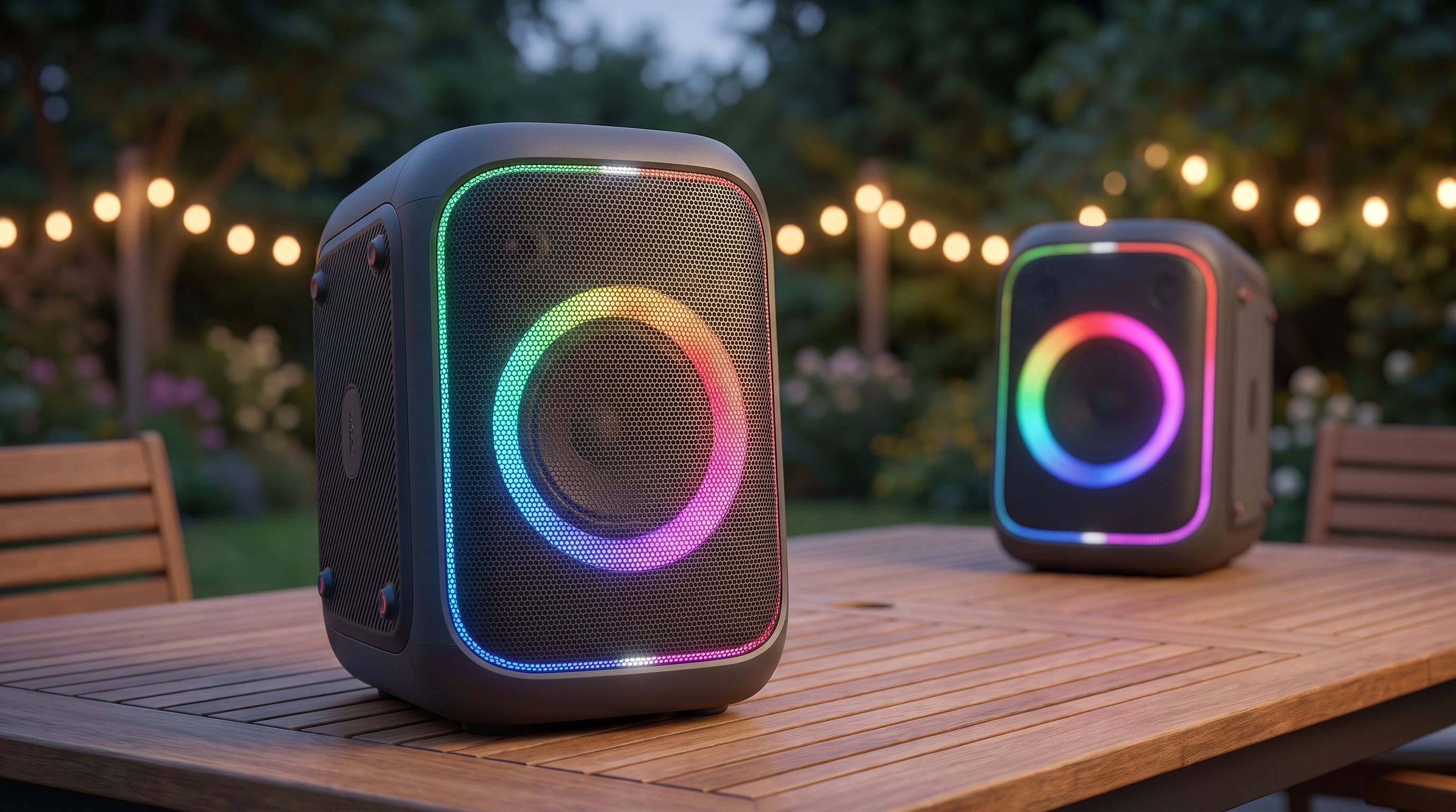 A large portable party speaker with LED lighting sitting on a patio table at dusk, with a second matching speaker in the background