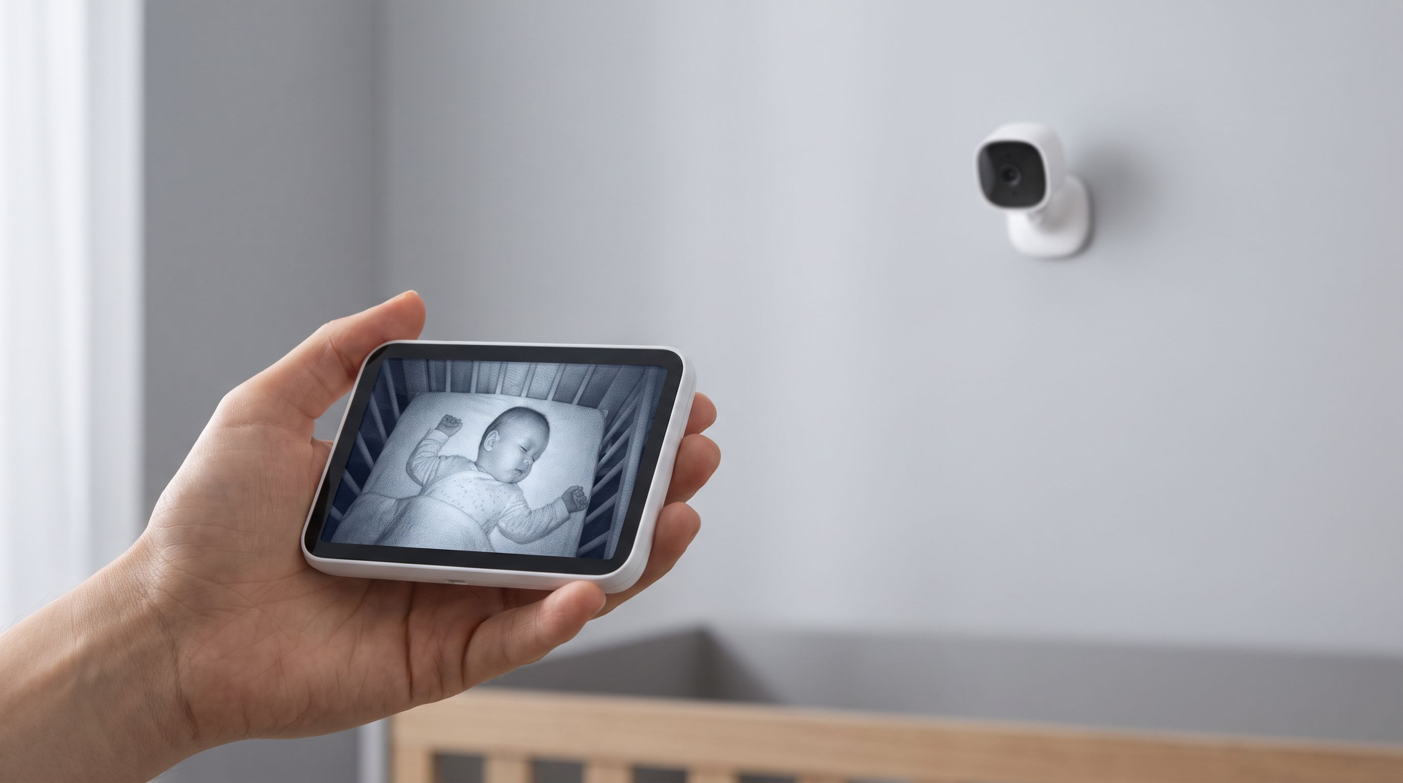 A parent holding a handheld baby monitor screen showing a sleeping infant in a crib, with a Wi-Fi nursery camera mounted on the wall behind