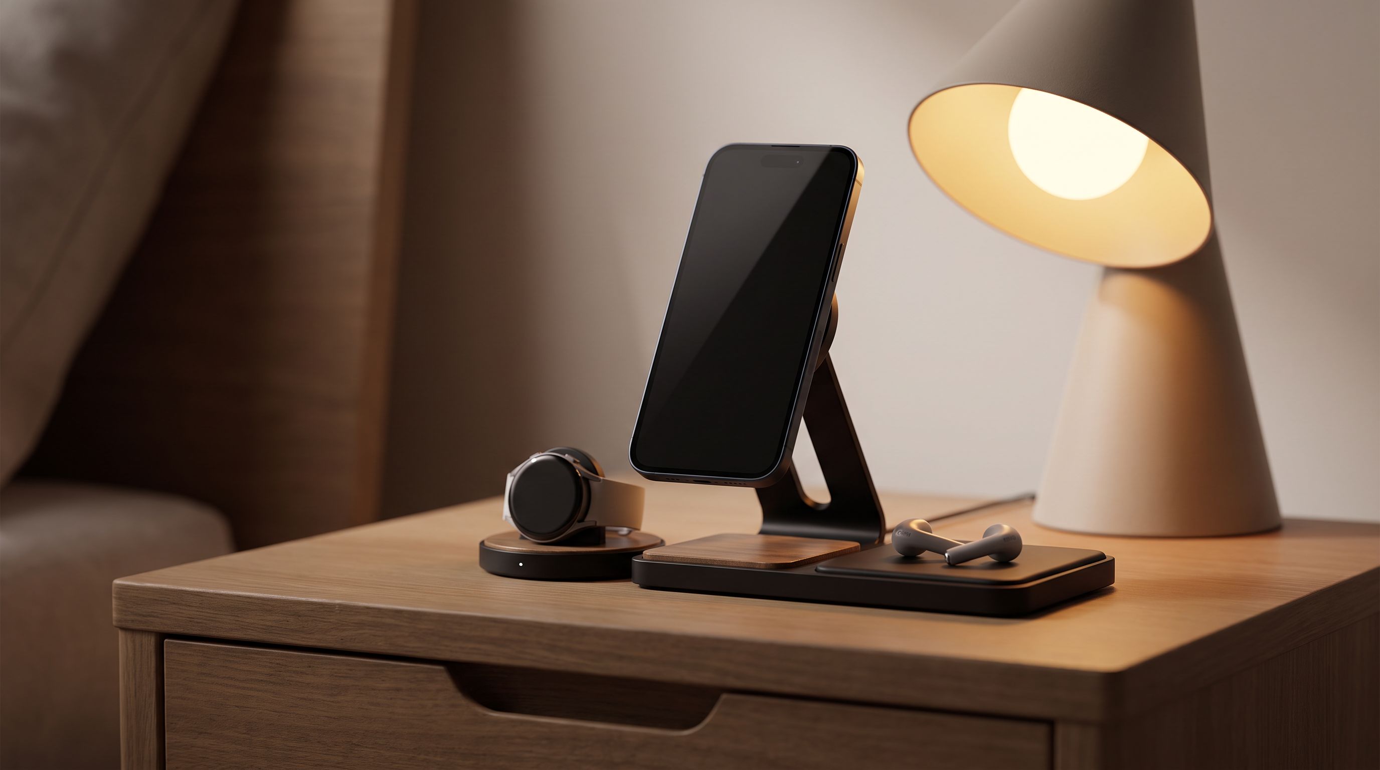 A wooden nightstand with a 3-in-1 magnetic charging stand holding a phone upright, a smartwatch on a small puck, and earbuds on a flat pad, lit by a dim bedside lamp