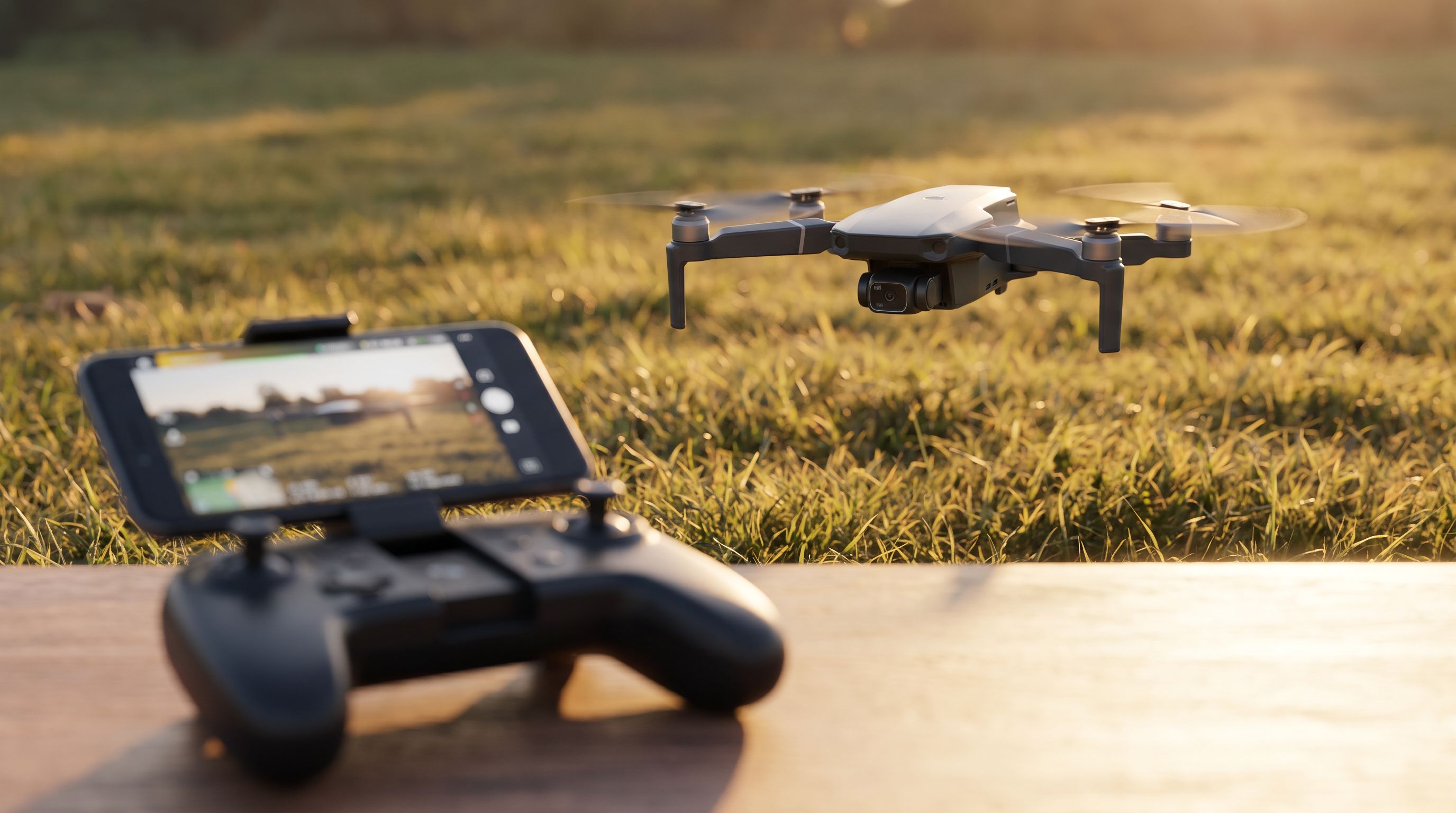 A compact sub-250g folding camera drone hovering over an open grass field at golden hour, with a controller and smartphone in the foreground