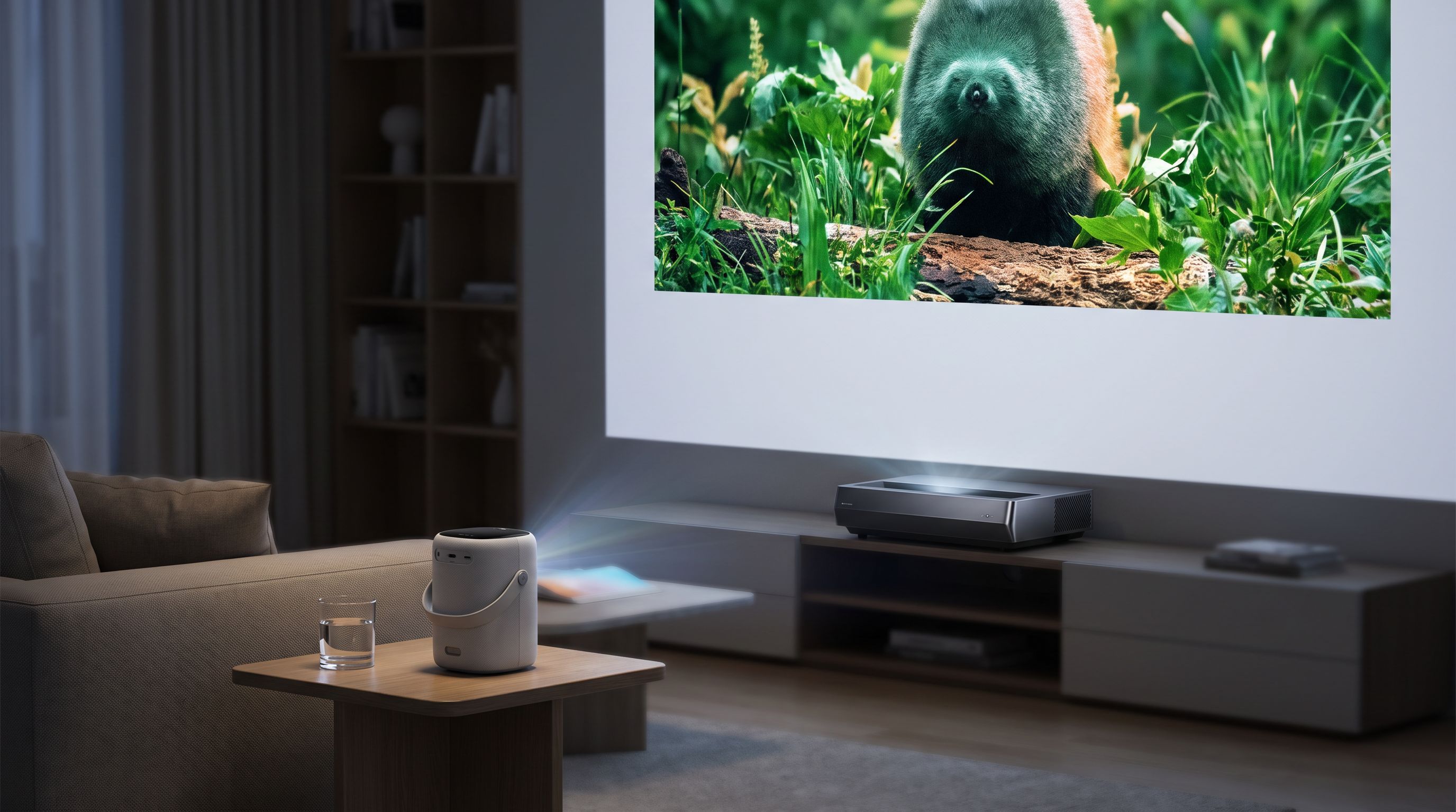 A 4K laser projector casting a large bright movie image onto a wall in a dimly lit living room, with a portable smart projector on a side table