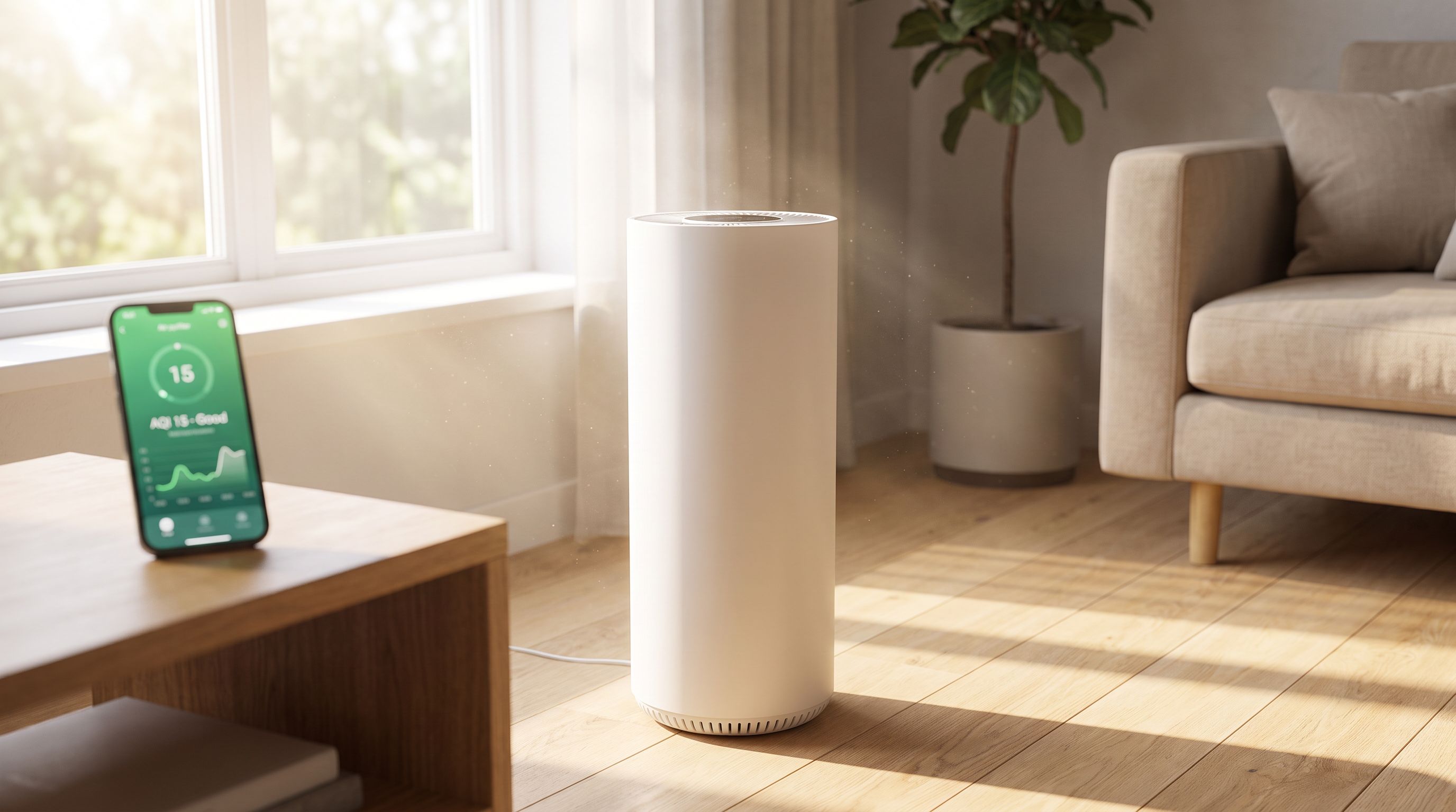 A modern tower HEPA air purifier running in a sunlit living room with a smartphone app showing indoor air quality