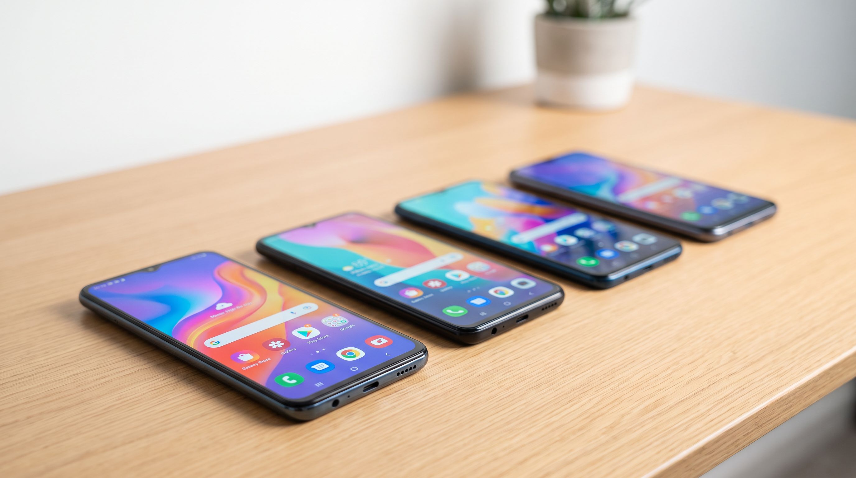 Four affordable 5G Android smartphones lying face-up on a desk, screens showing colorful home screens