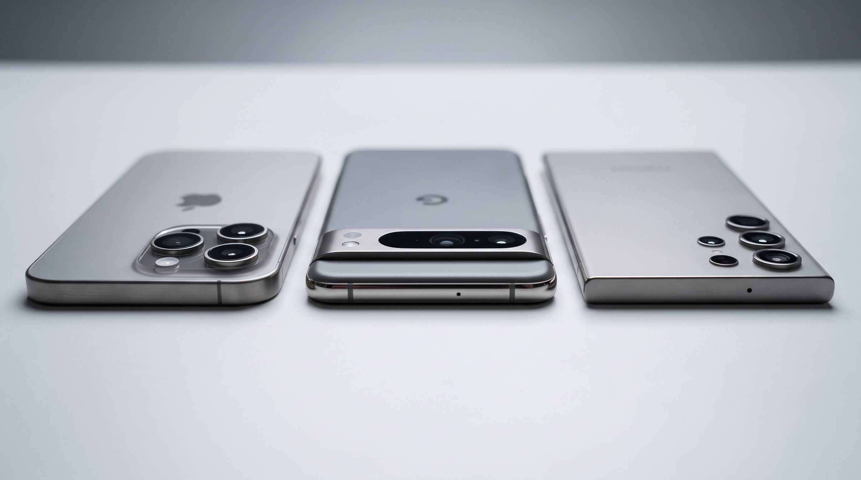 Three 2026 flagship camera phones — iPhone 17 Pro Max, Google Pixel 10 Pro XL and Samsung Galaxy S26 Ultra — lined up face down to show their rear camera arrays