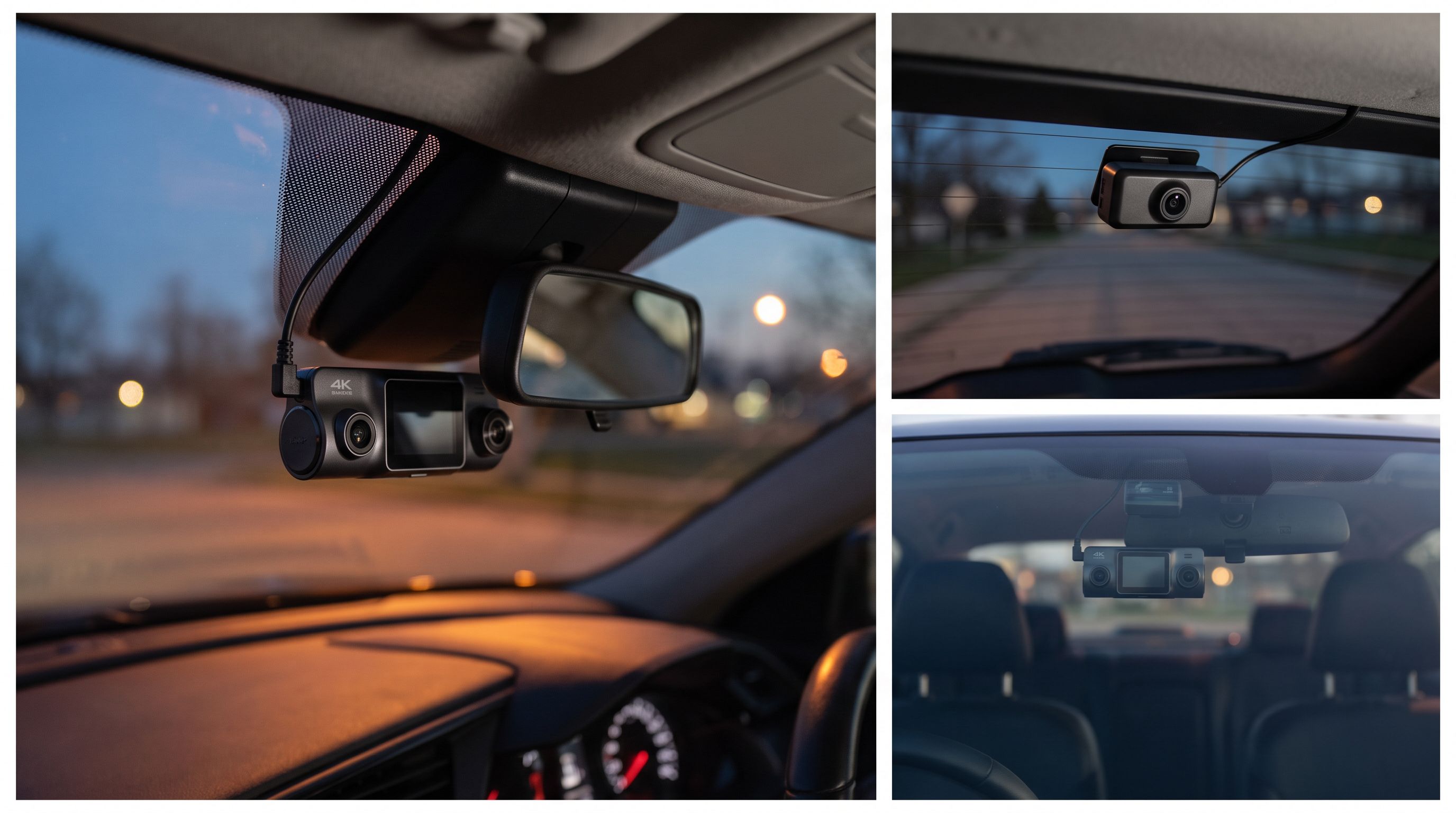 A compact 4K dual-channel dash cam mounted behind a car's rearview mirror, with the rear camera visible on the back windshield at dusk
