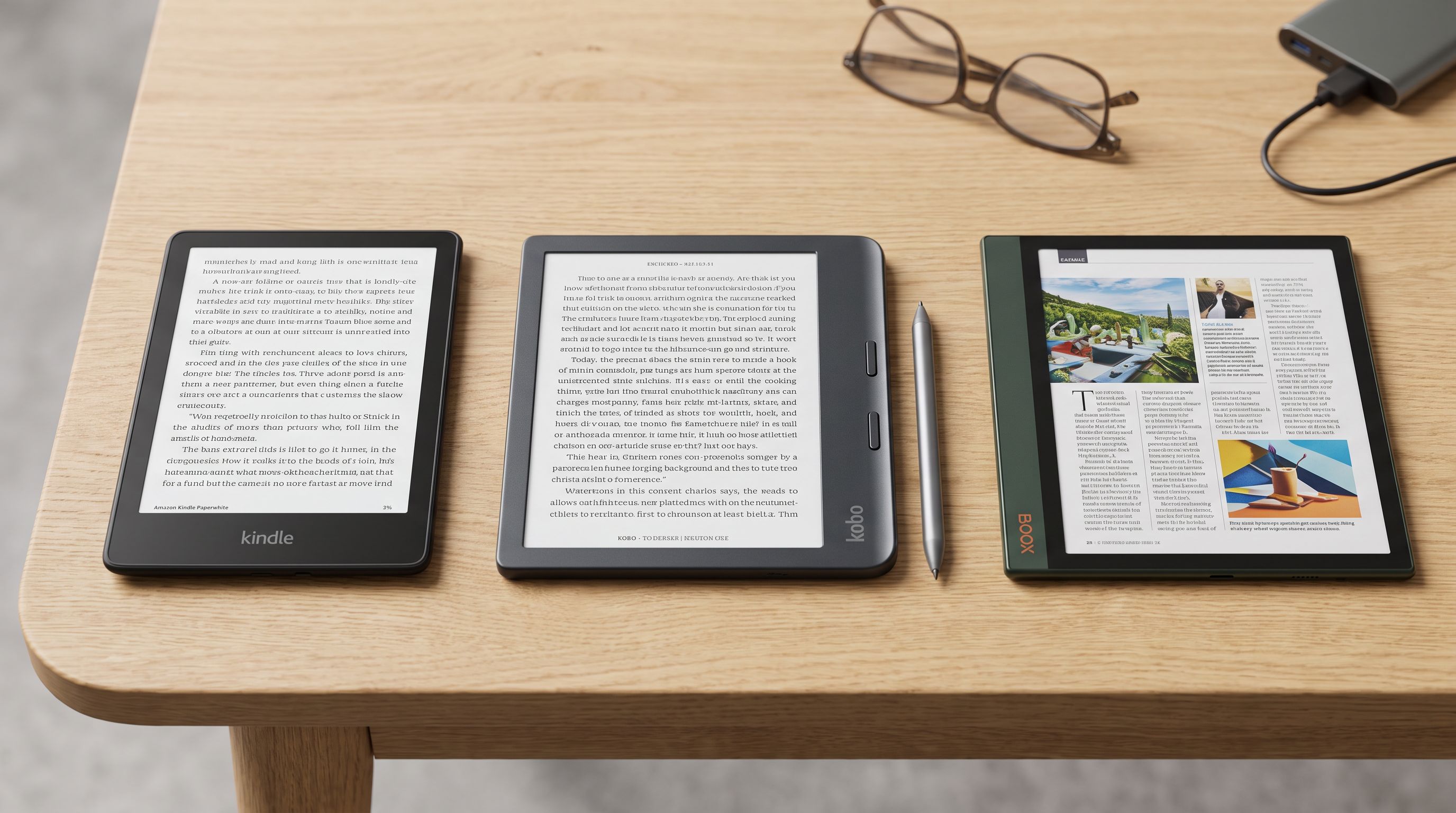 Three e-readers side by side on a wooden table: a black-and-white Kindle Paperwhite, a Kobo with a stylus, and a color e-ink tablet showing a magazine page
