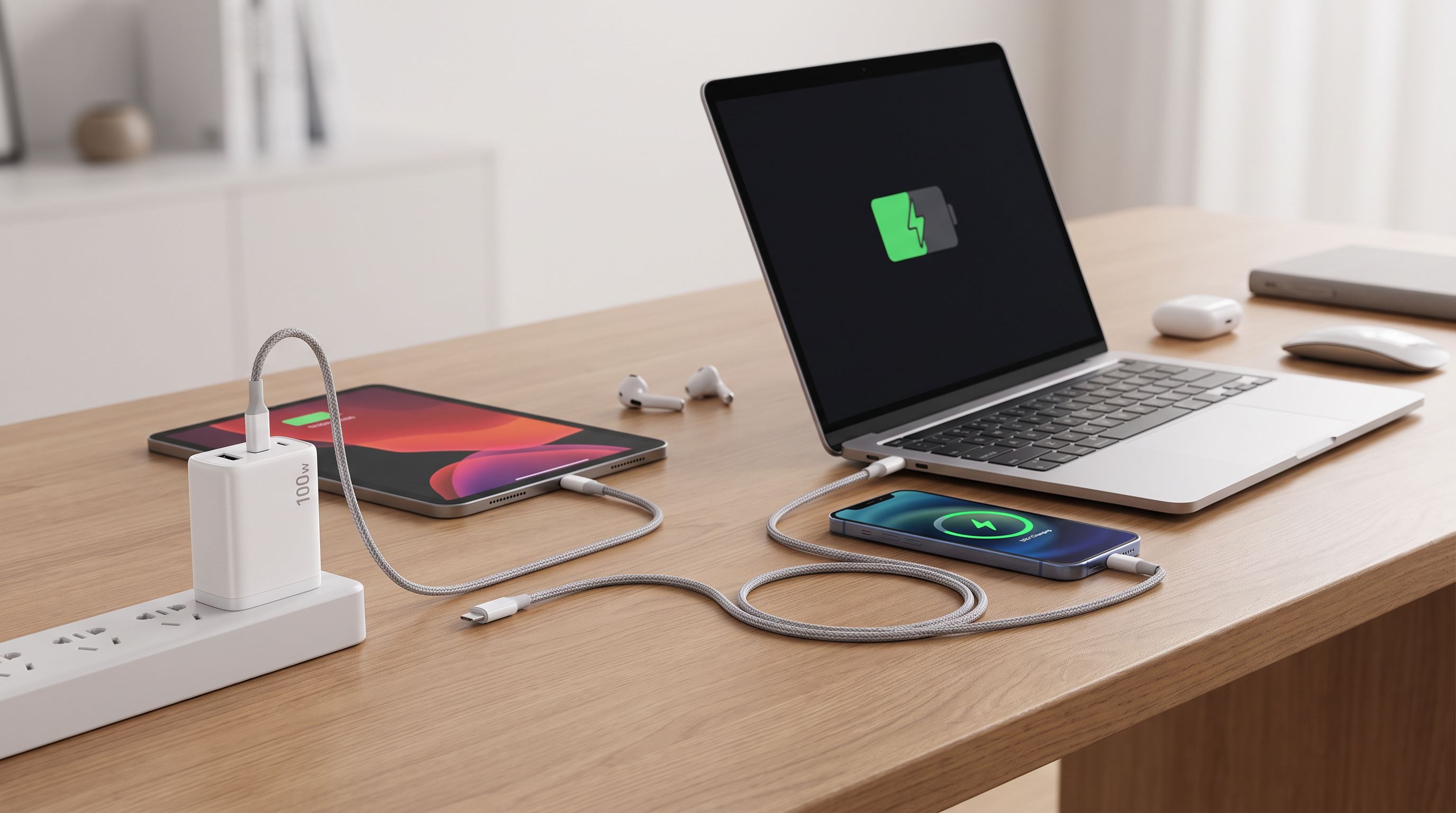 A compact 100W GaN USB-C charger plugged into a wall outlet powering a laptop, tablet, and phone on a desk