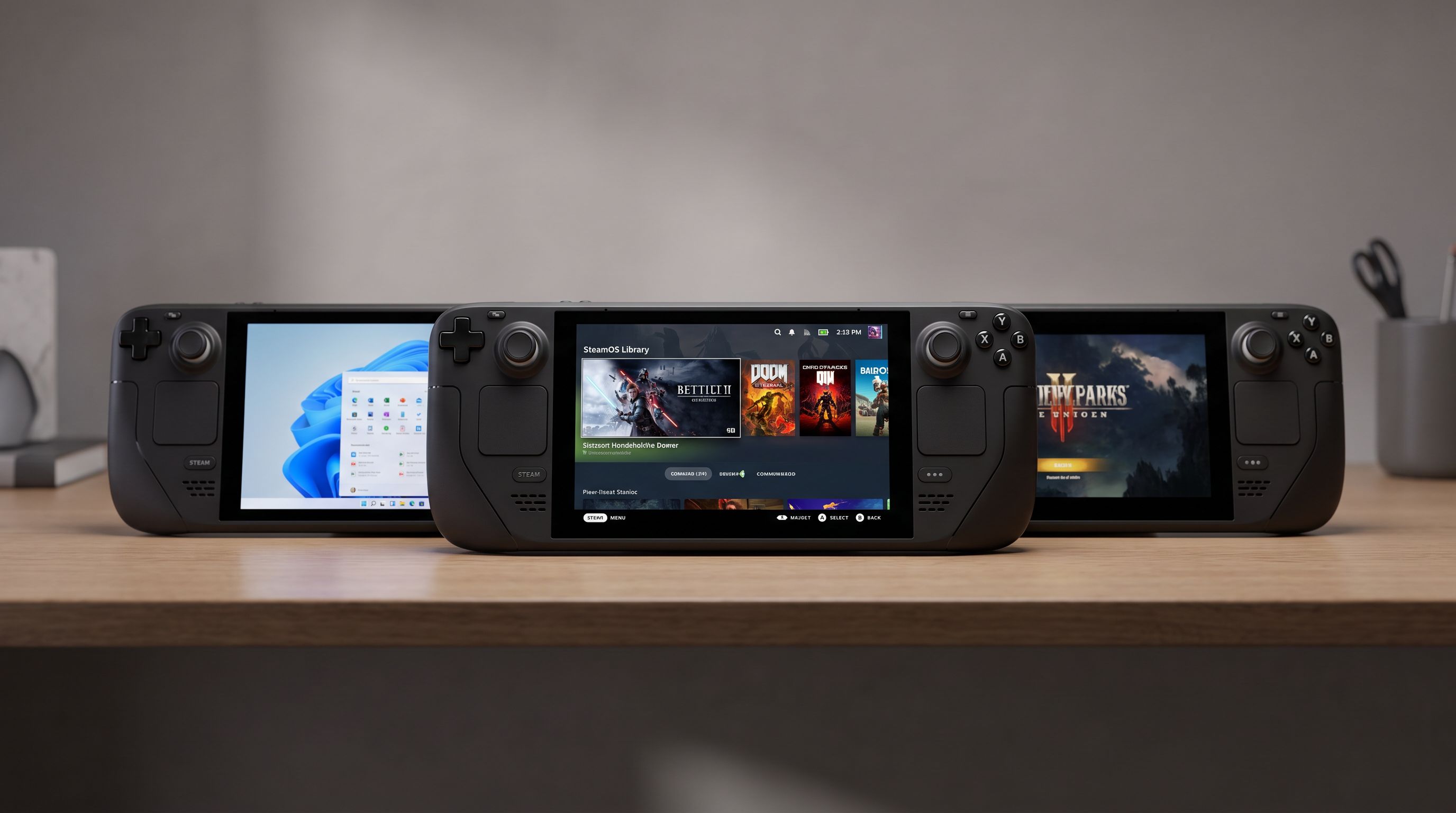 Three handheld gaming PCs lined up on a desk with their screens on, showing a Windows handheld and a SteamOS handheld side by side