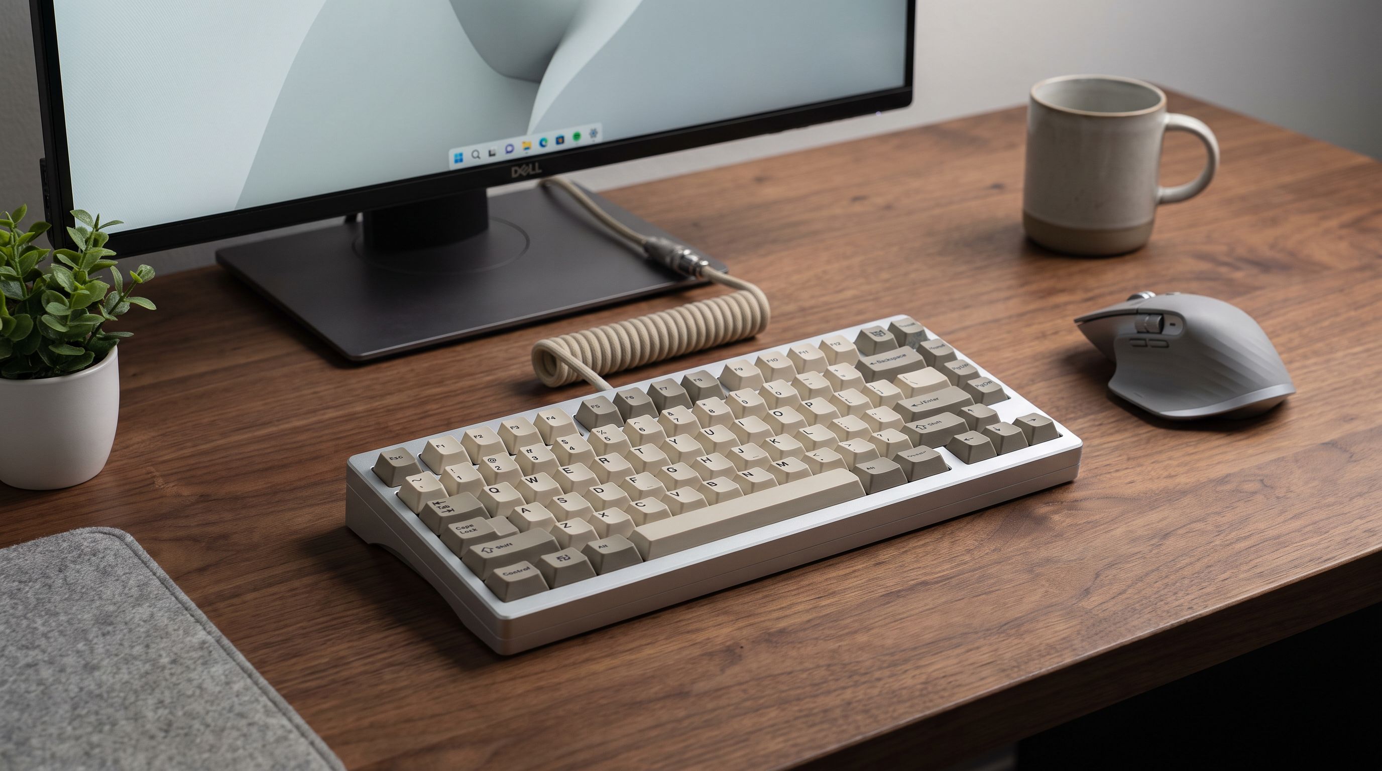 A gasket-mounted mechanical keyboard with PBT keycaps on a wooden desk beside a mouse and monitor