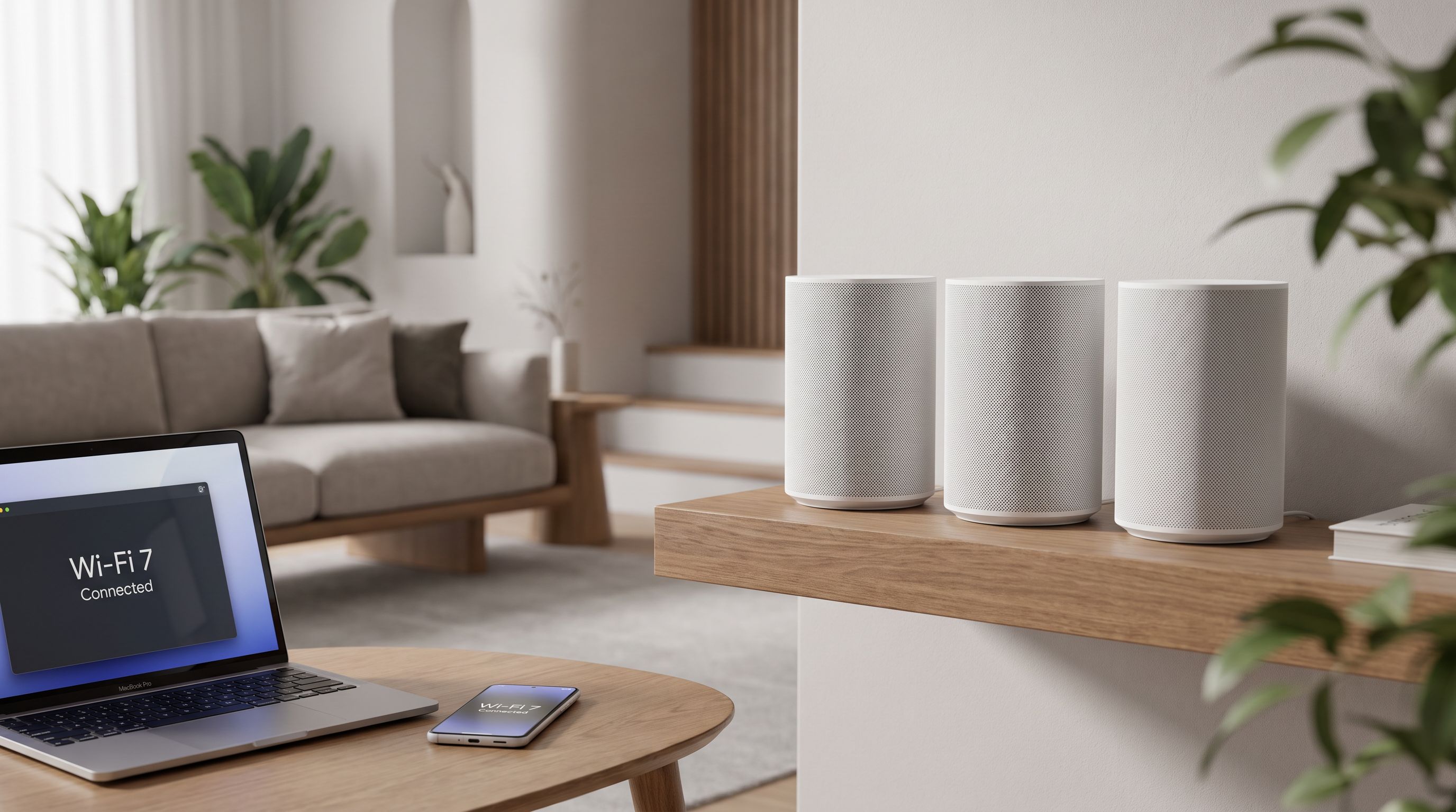 Three white mesh Wi-Fi 7 router nodes placed on shelves in a modern living room, with a laptop and smartphone connected nearby