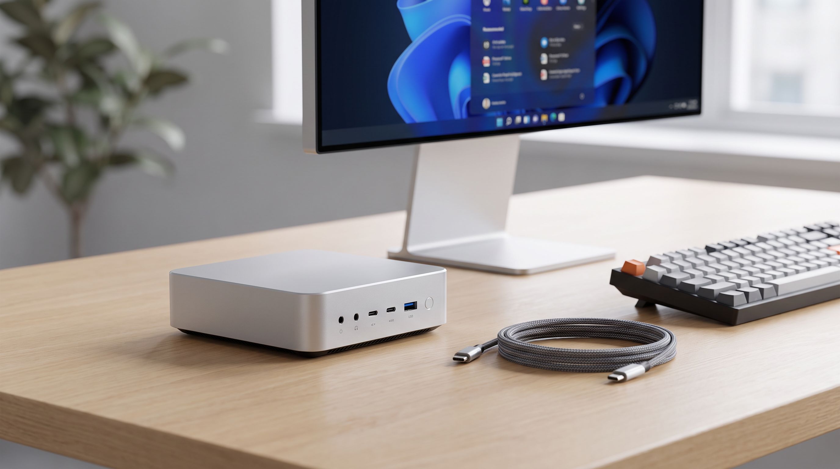 A compact aluminium mini PC sitting on a wooden desk beside a monitor, keyboard and USB-C cable