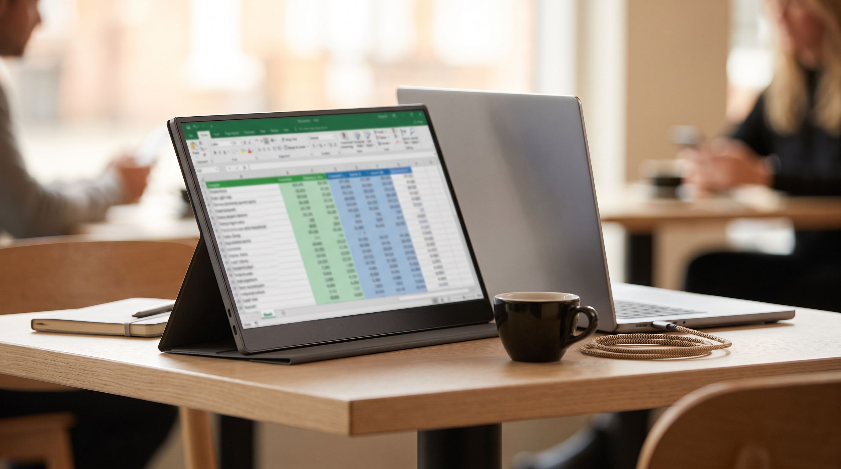 A slim USB-C portable monitor propped up beside a laptop on a café table, showing a spreadsheet on the second screen