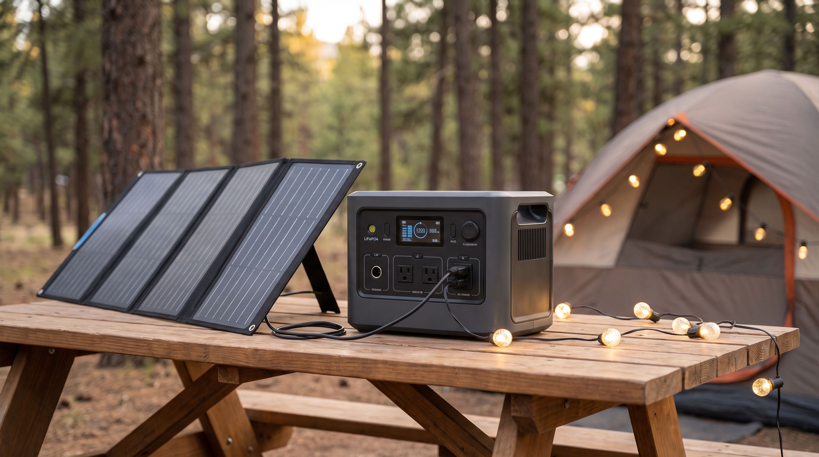 A LiFePO4 portable power station sitting on a picnic table at a campsite, connected to a folding solar panel with a string of lights running from its AC outlet