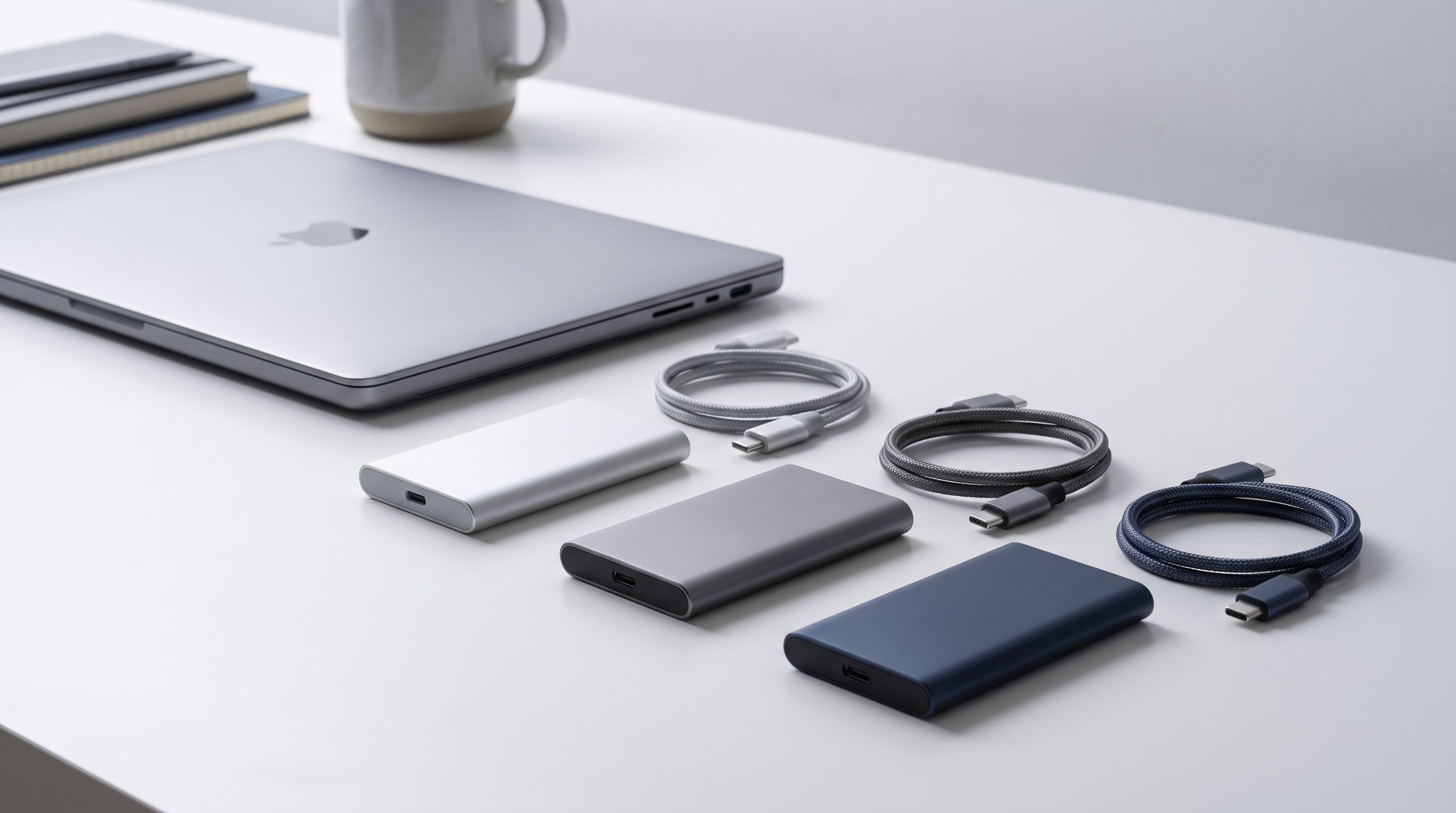Several compact portable SSDs with USB-C cables arranged on a desk next to a laptop
