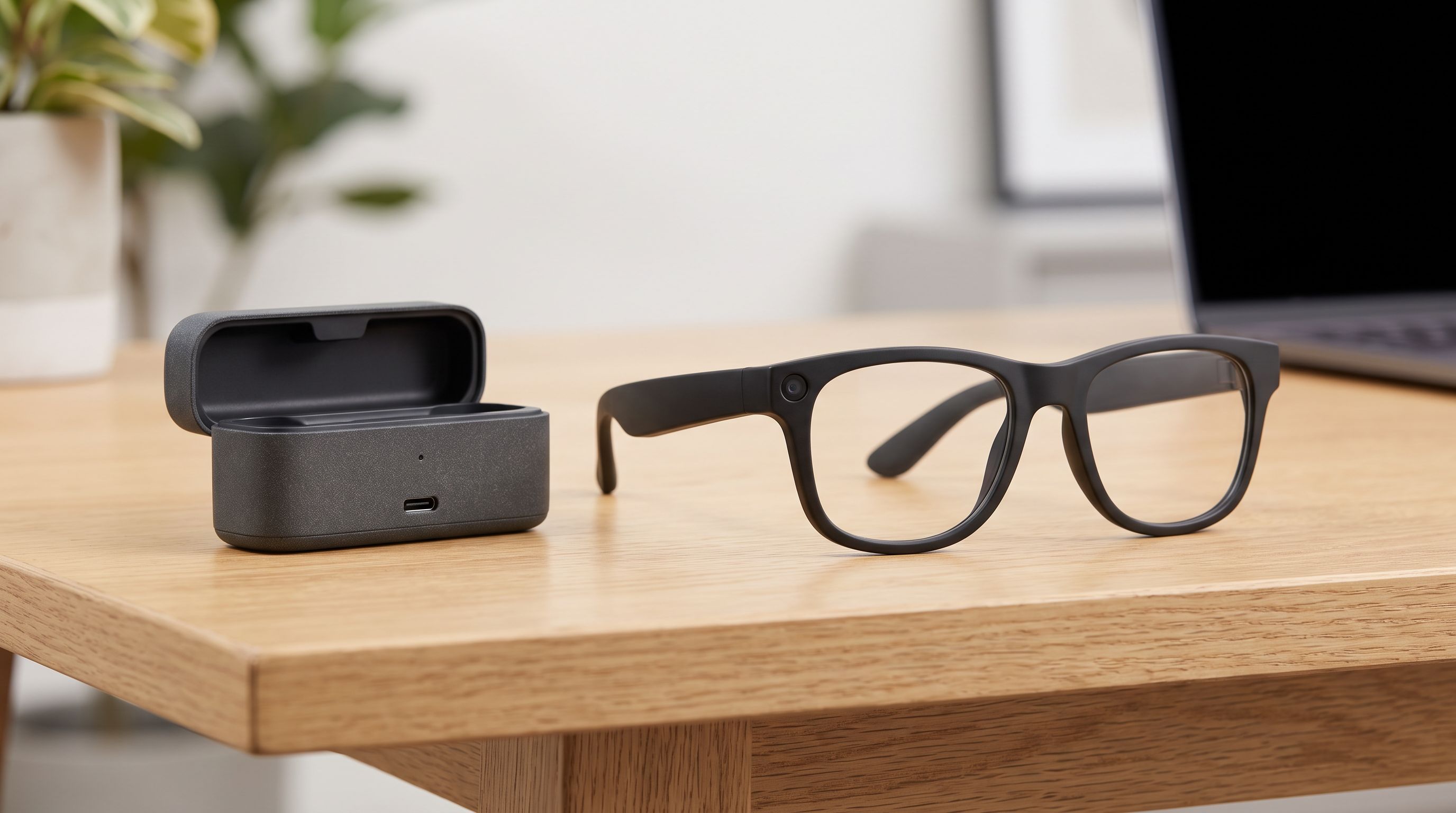A pair of black Ray-Ban style smart glasses with a small camera in the corner of the frame, resting on a wooden desk next to a charging case