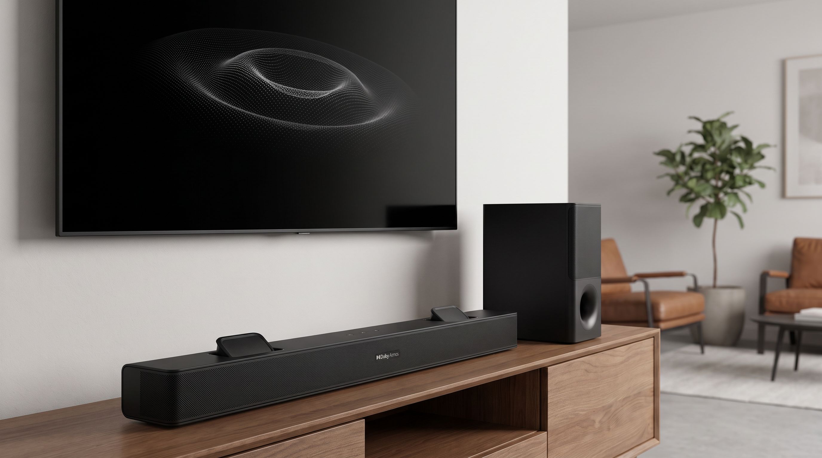 A black Dolby Atmos soundbar and wireless subwoofer set up beneath a wall-mounted TV in a living room