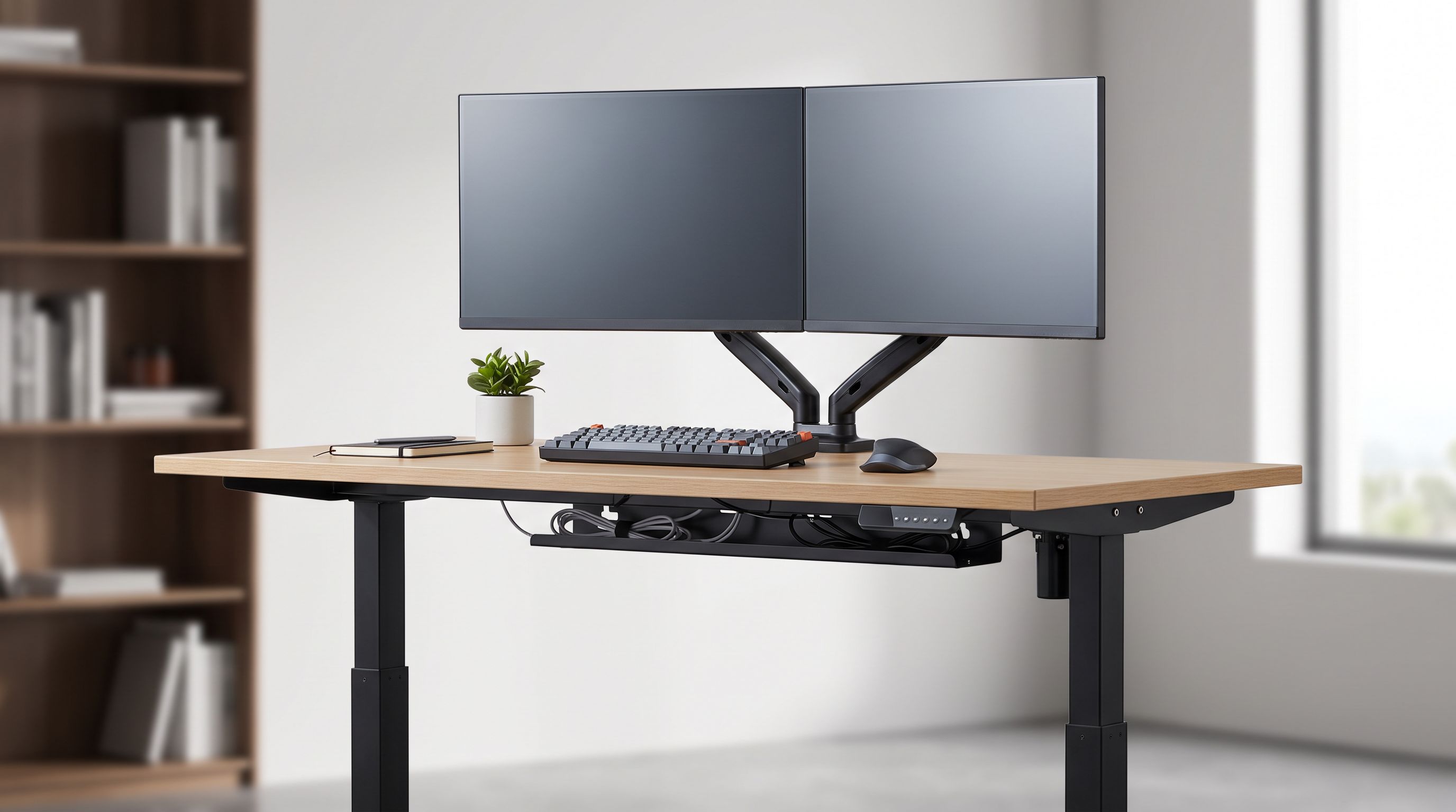 Electric sit-stand desk raised to standing height in a home office with a dual-monitor setup and cable tray underneath