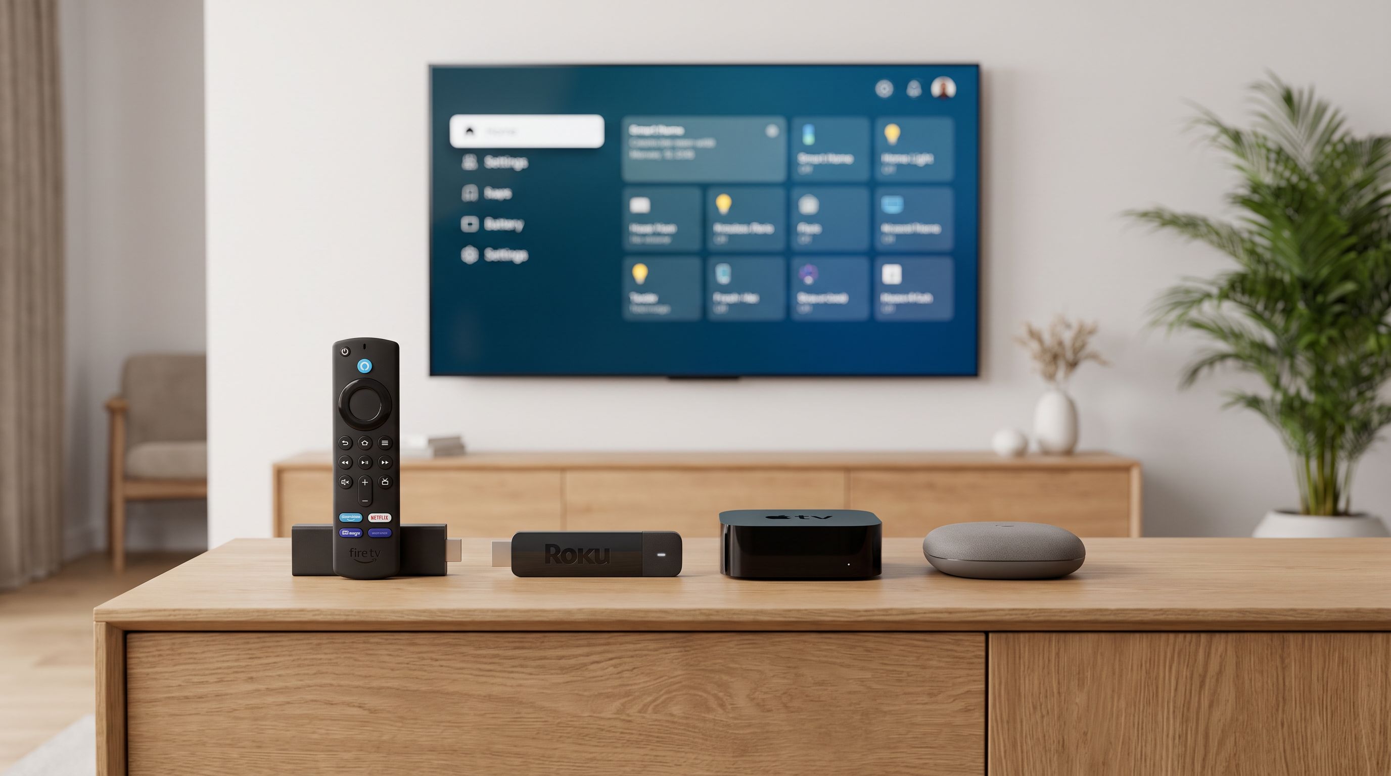 Four 4K streaming devices — a Fire TV stick, a Roku stick, an Apple TV box and a Google TV Streamer — lined up in front of a wall-mounted television
