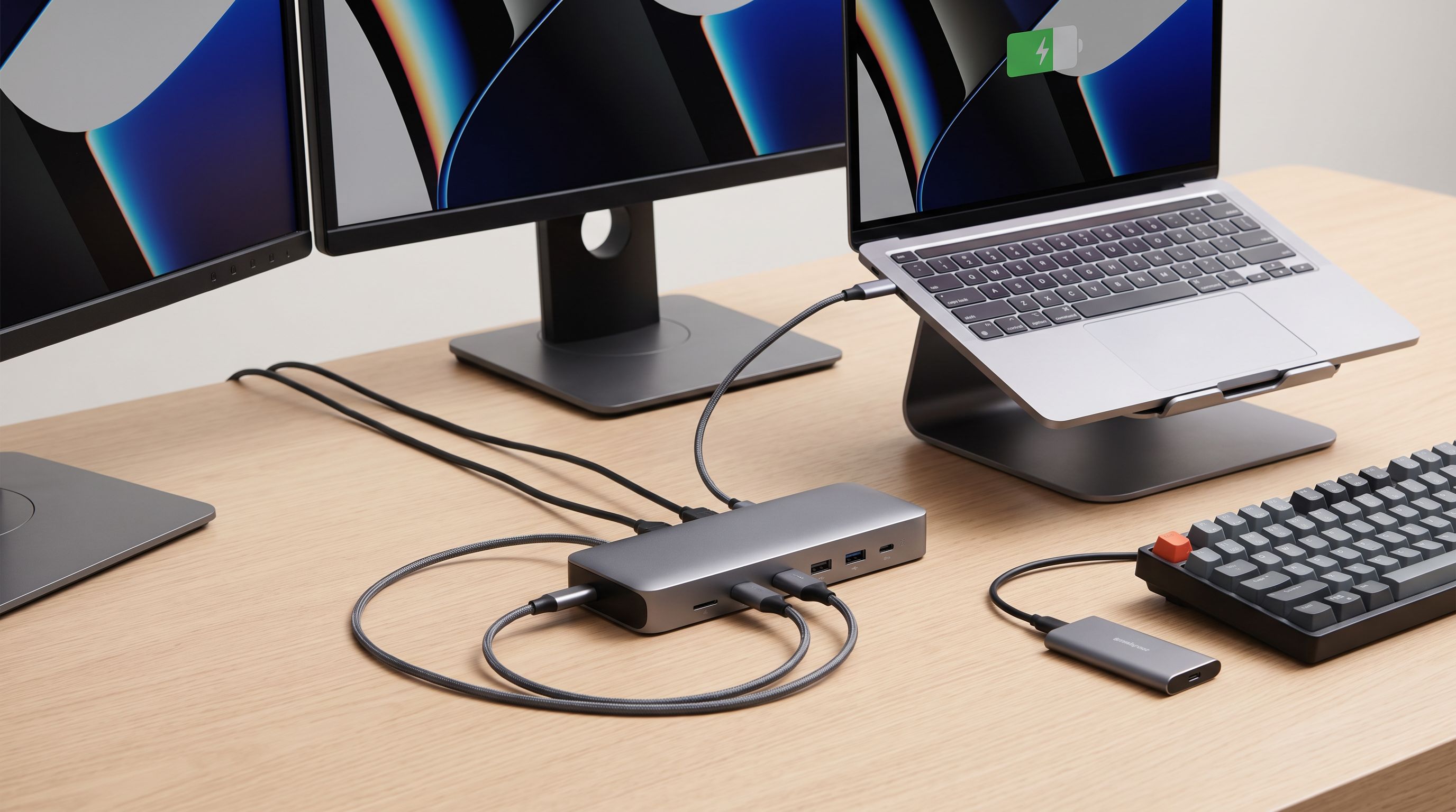 A USB-C docking station on a desk connected to two external monitors, a keyboard, an SSD and a laptop charging over a single cable
