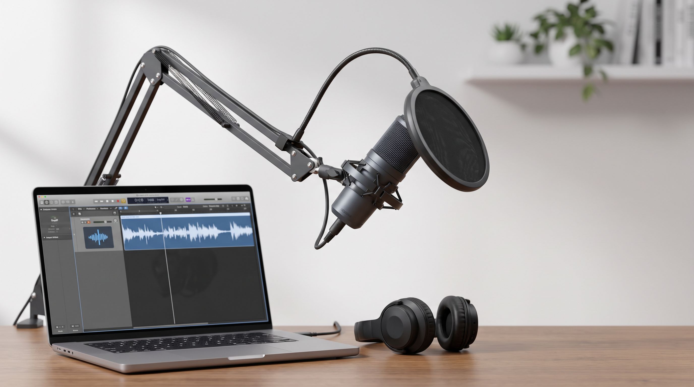 A dynamic USB podcast microphone mounted on a desk boom arm in front of a laptop and headphones in a home studio