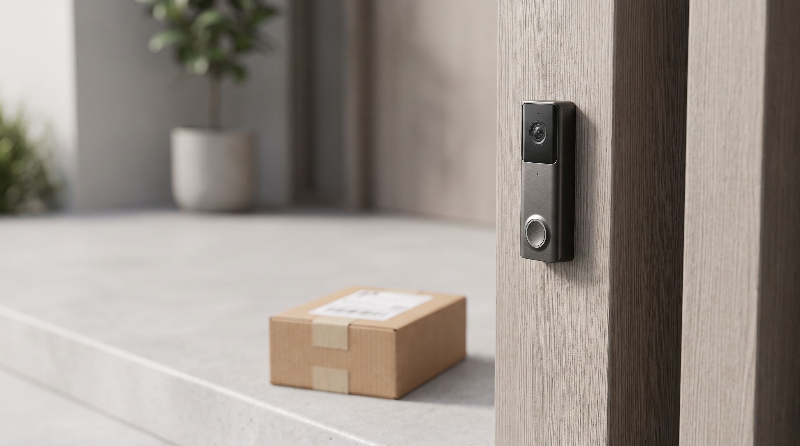 A video doorbell mounted beside a front door, showing a delivered package on the porch below it
