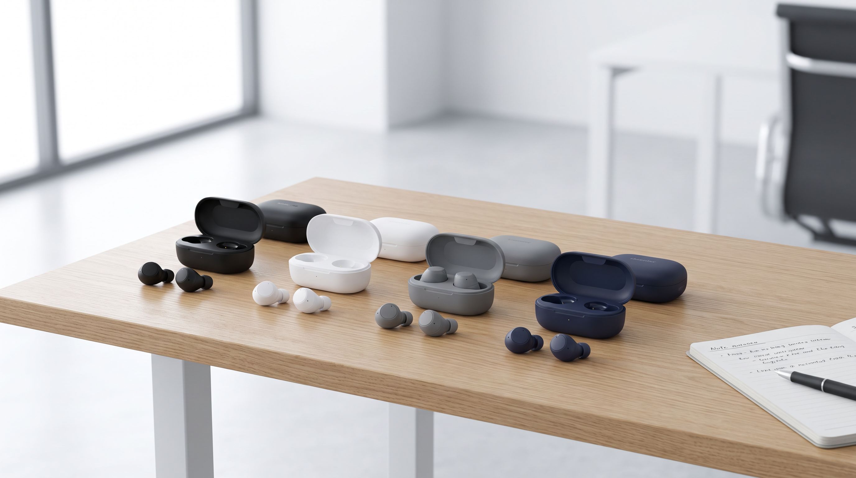 Several pairs of true wireless earbuds and their charging cases arranged on a desk for comparison testing