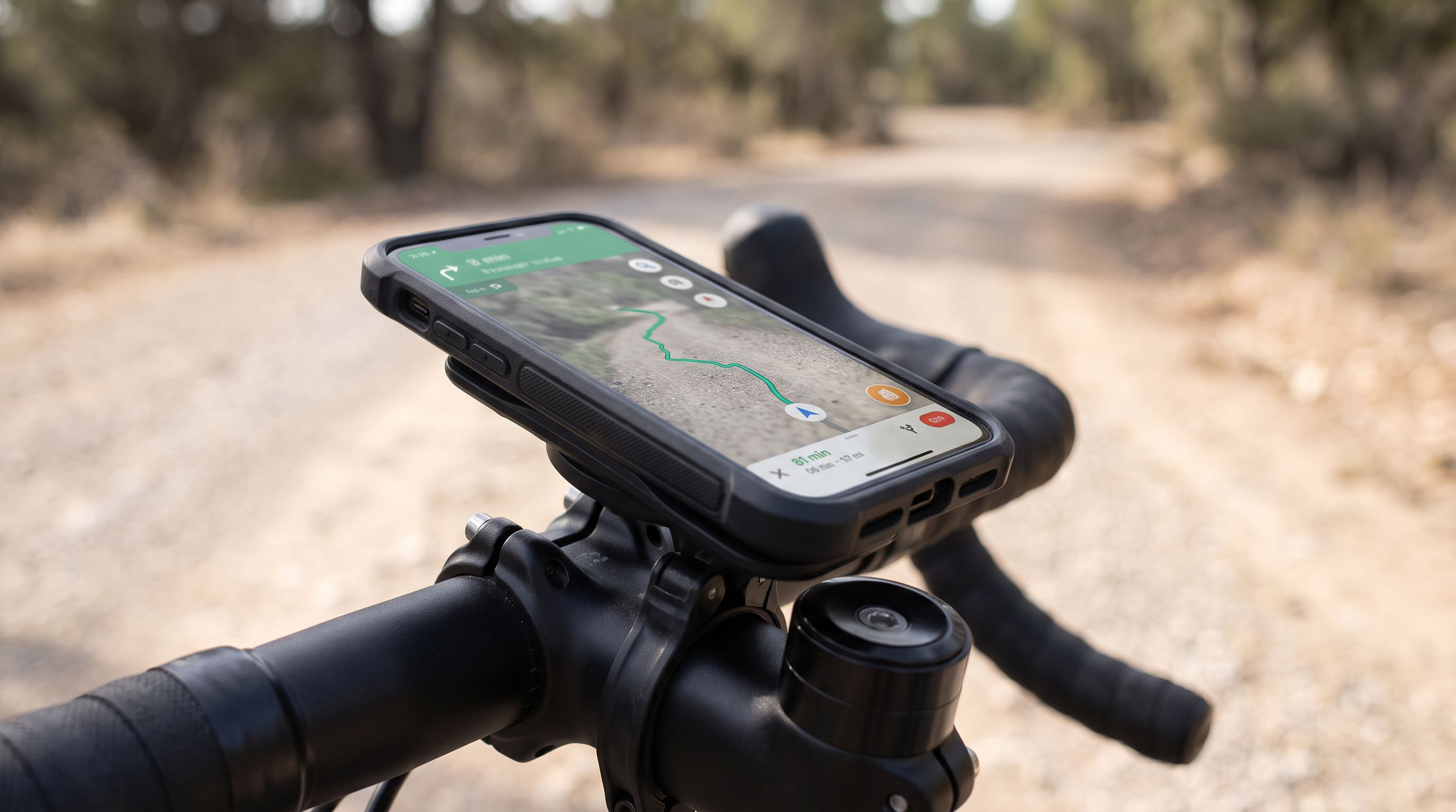 A smartphone locked into a case-based mount on bicycle handlebars, showing a navigation map on a gravel trail