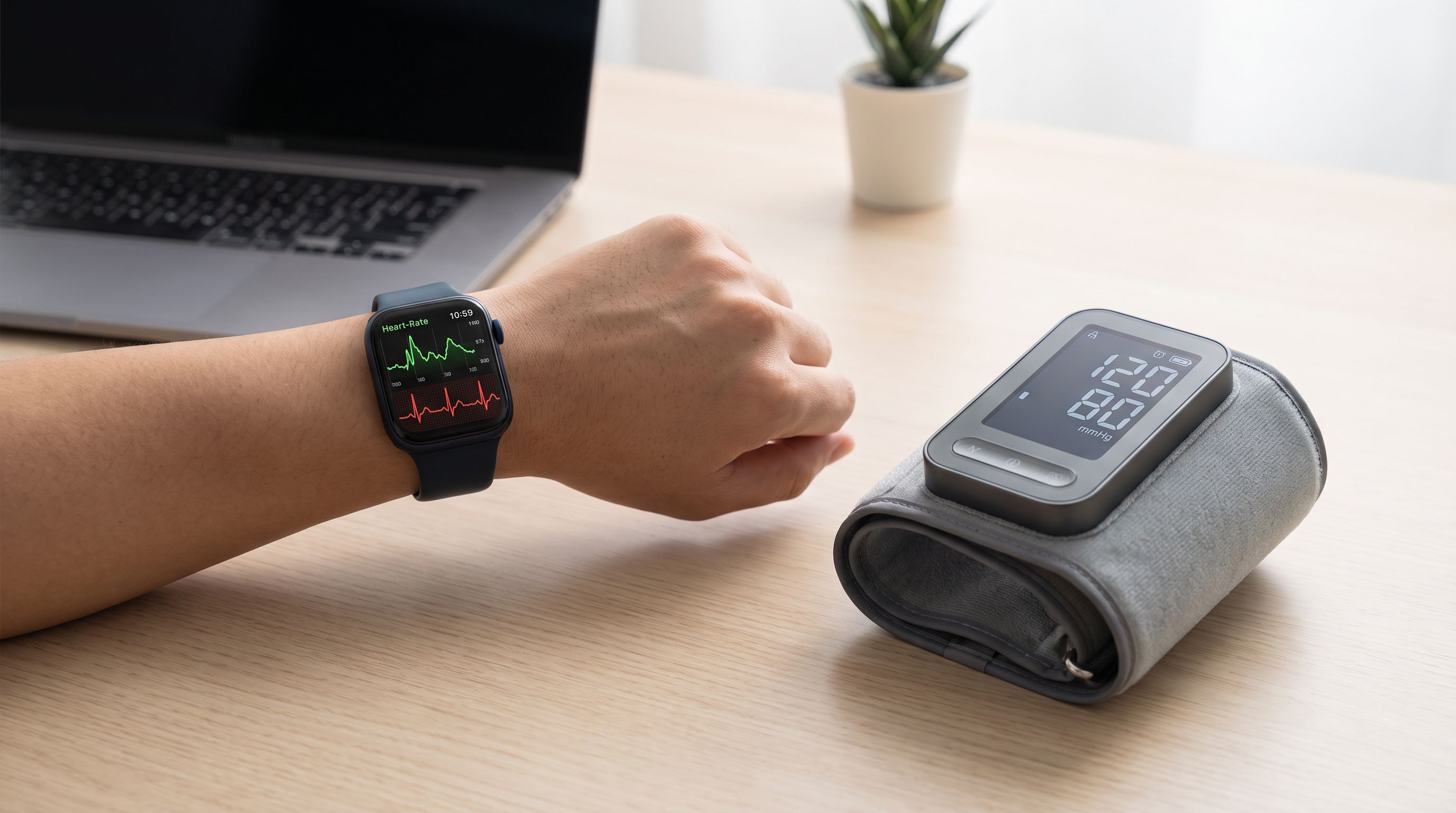 A wrist wearing a smartwatch displaying a heart-rate and ECG graph, next to an upper-arm blood pressure cuff on a desk