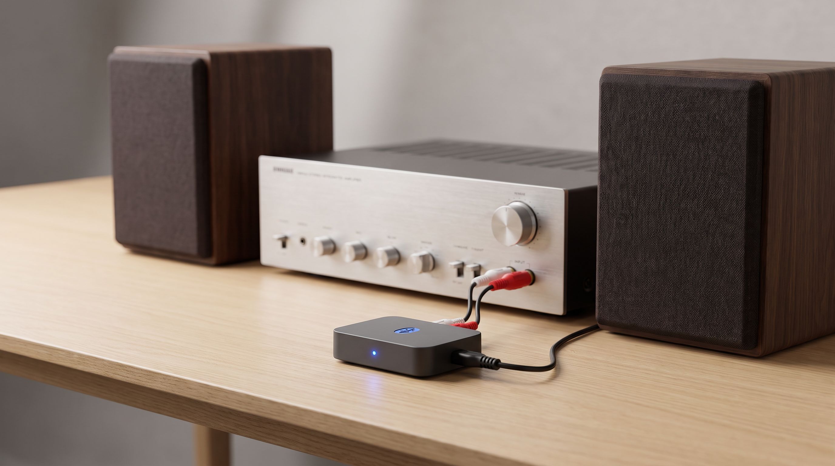 A compact Bluetooth audio receiver connected by RCA cables to a vintage silver stereo amplifier and bookshelf speakers