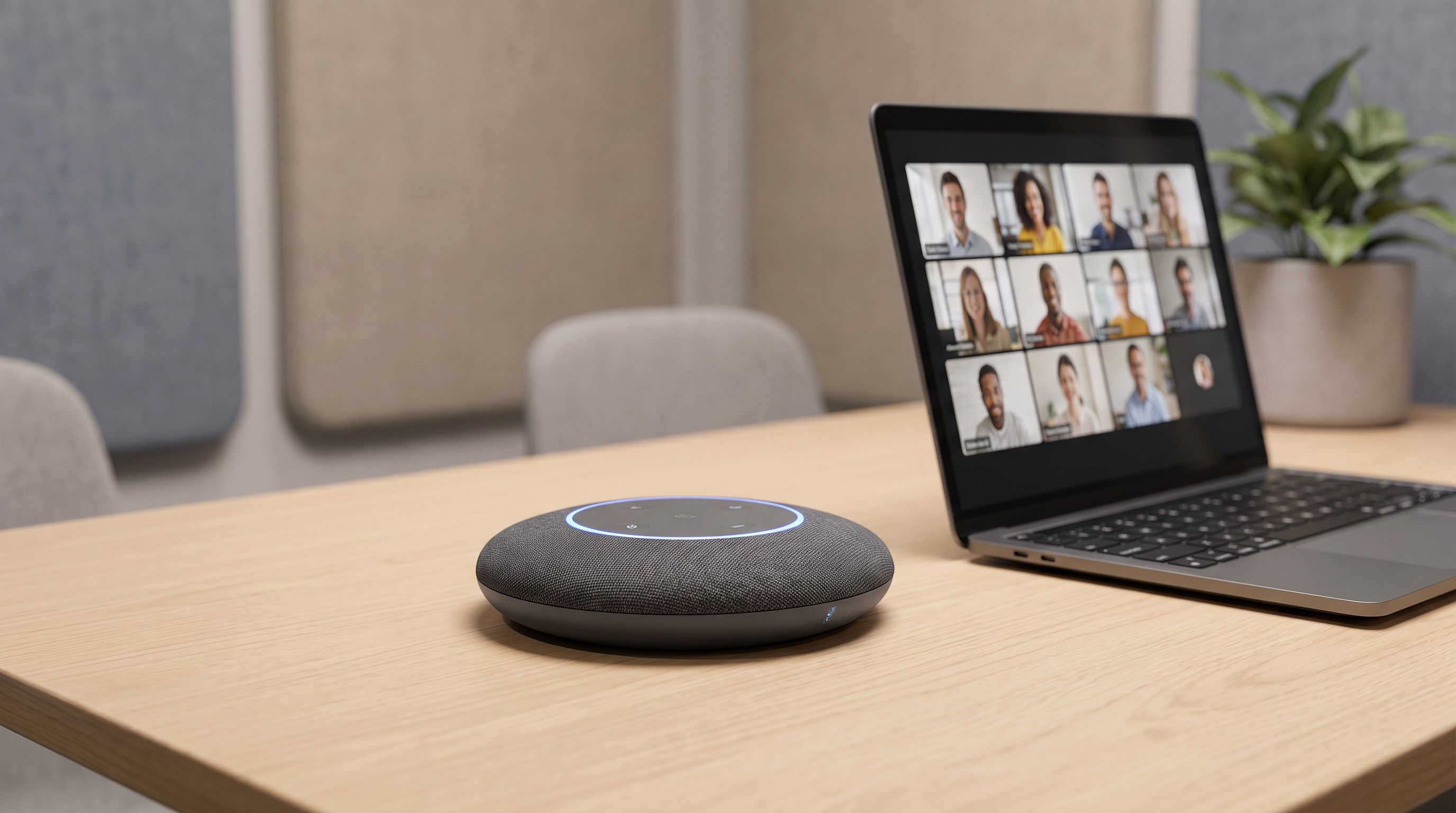 A circular Bluetooth conference speakerphone sitting on a desk next to a laptop during a video call in a small meeting room