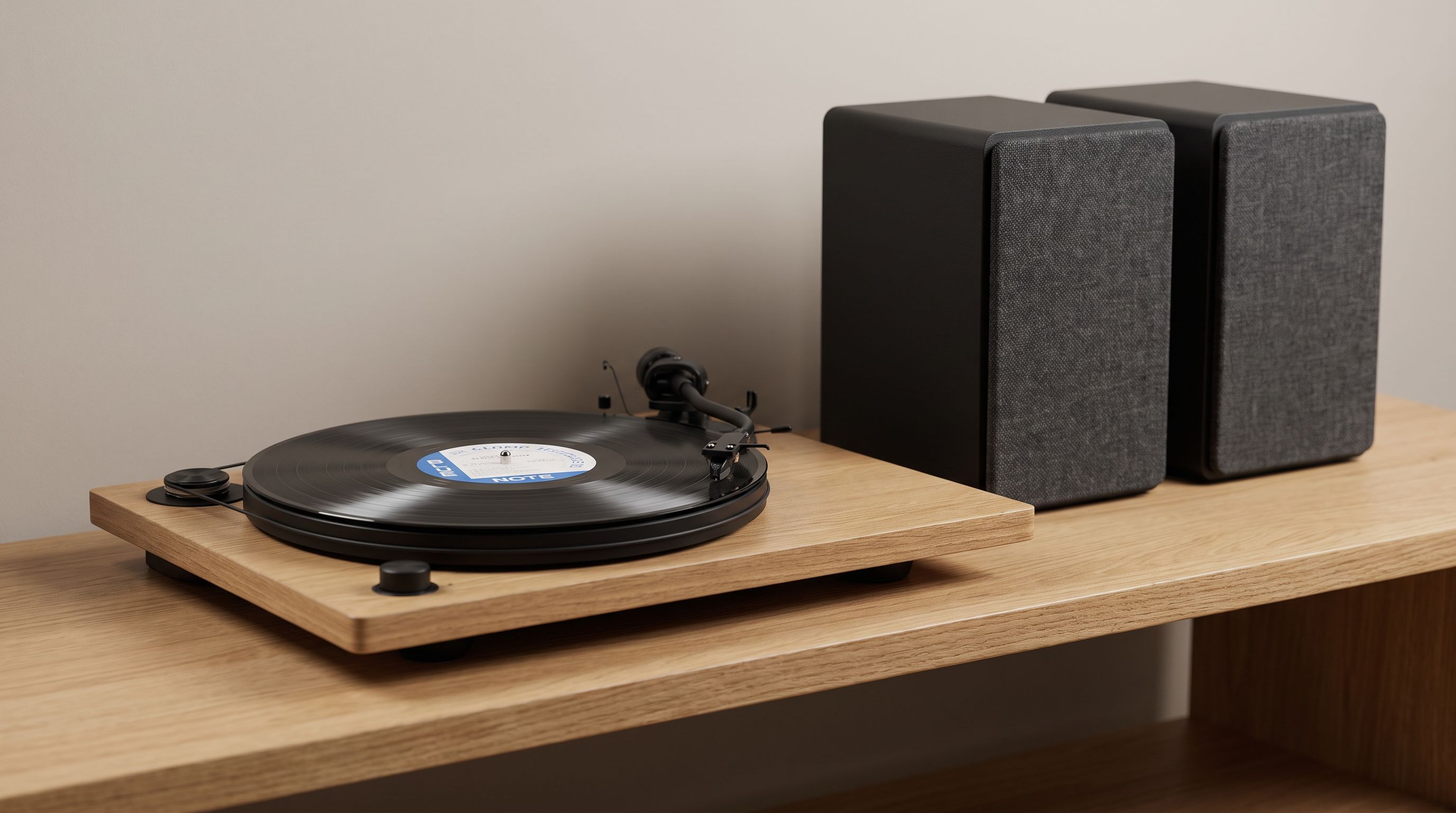 A belt-drive Bluetooth turntable with a record spinning, paired wirelessly to a pair of powered bookshelf speakers on a wooden shelf