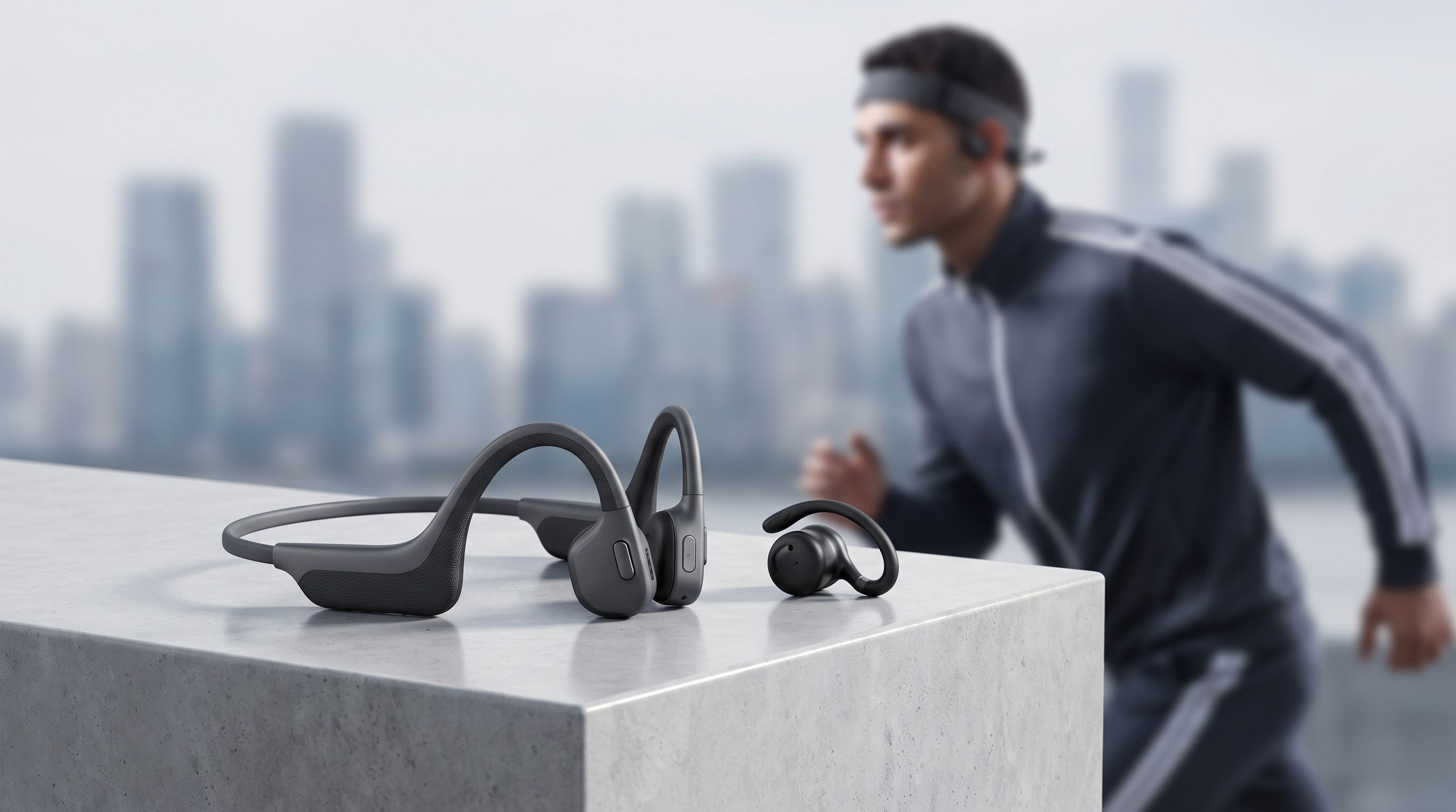 A runner on a city street wearing open-ear headphones, with a bone conduction headband and a clip-on earbud shown side by side