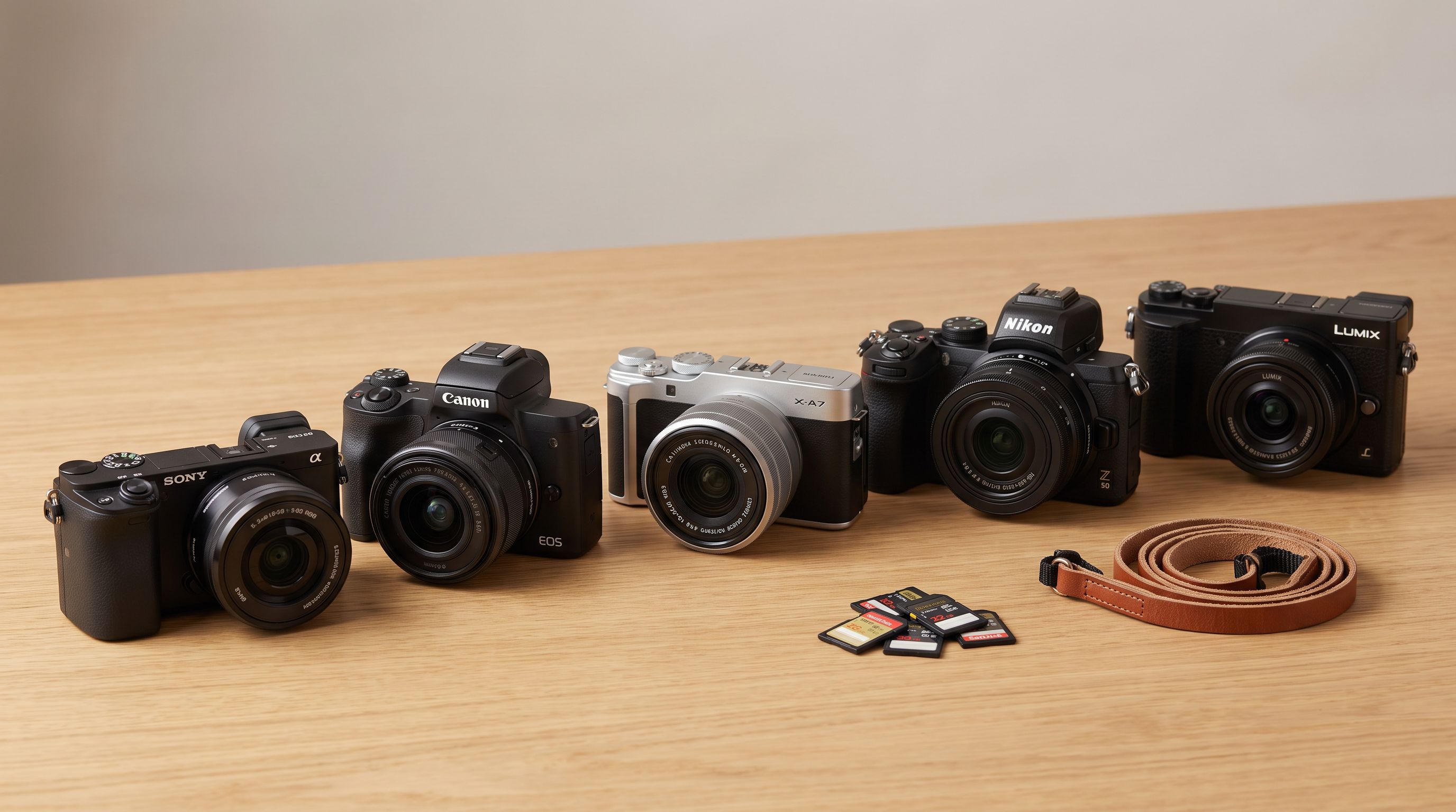 Five compact entry-level mirrorless cameras with kit lenses arranged on a wooden desk beside a camera strap and SD cards