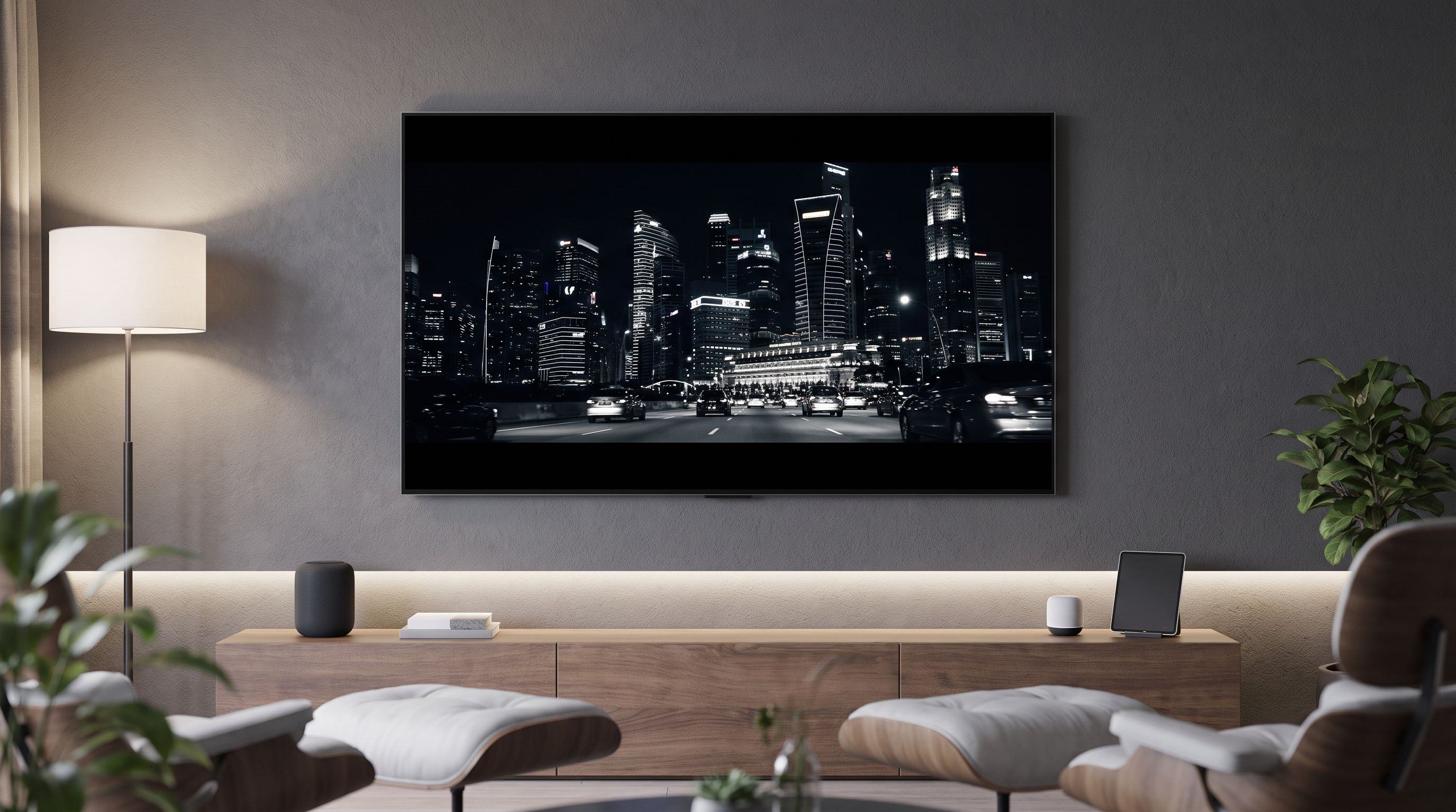 A 65-inch OLED TV mounted on a living room wall showing a high-contrast night scene with deep black letterbox bars