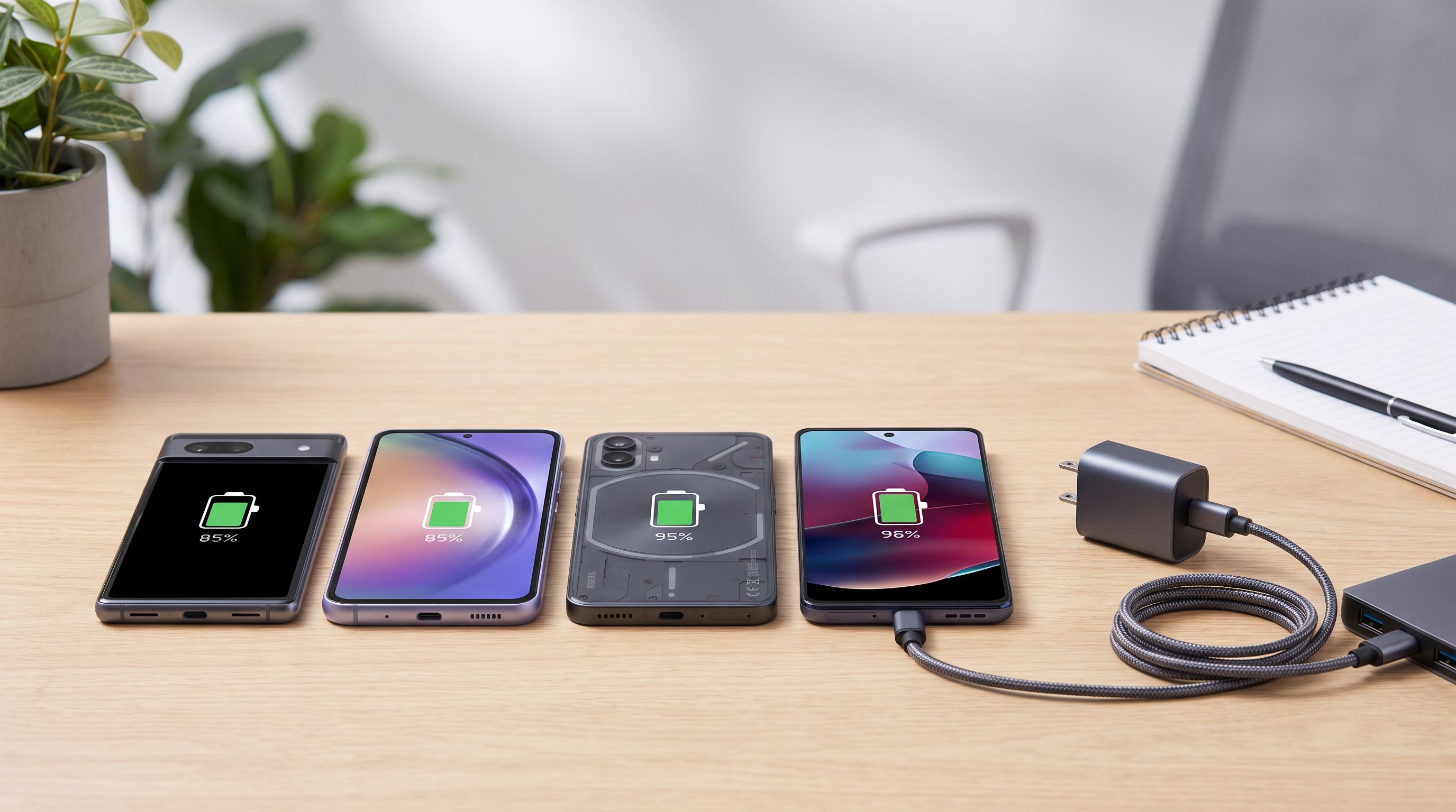 Four mid-range Android smartphones lying face-up on a desk next to a USB-C fast charger, battery indicators showing high charge